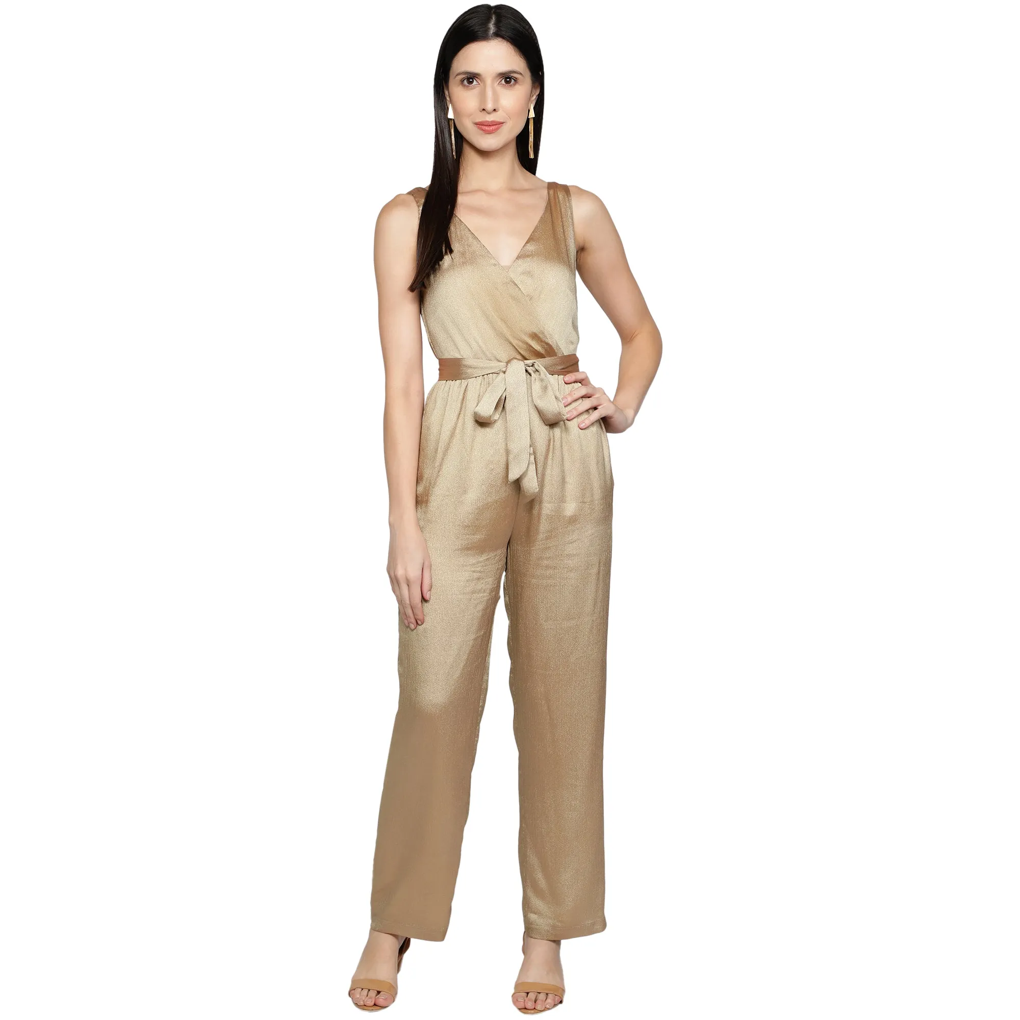 SLAY. Women's Gold Poly Shimmer Jumpsuit with waist belt