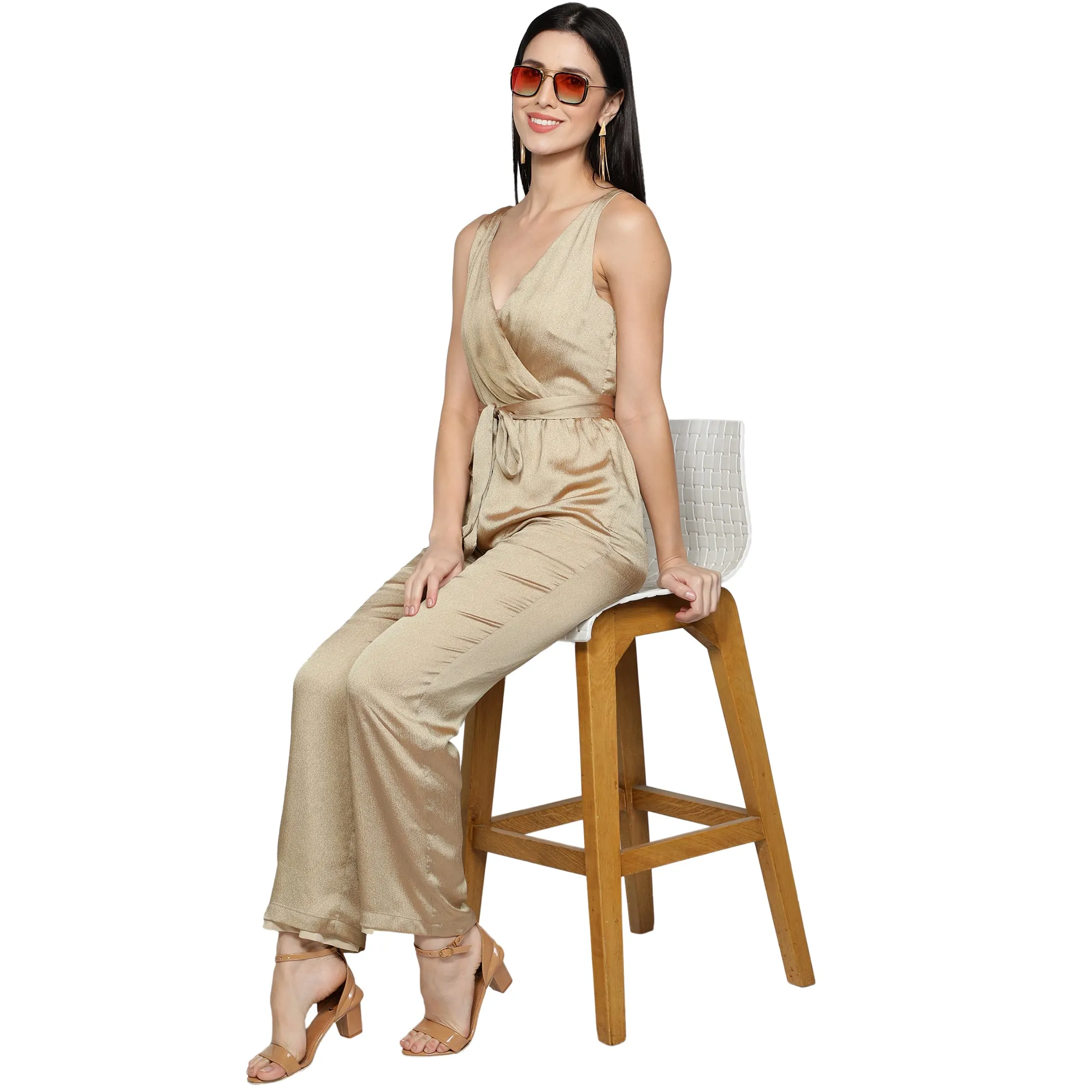 SLAY. Women's Gold Poly Shimmer Jumpsuit with waist belt