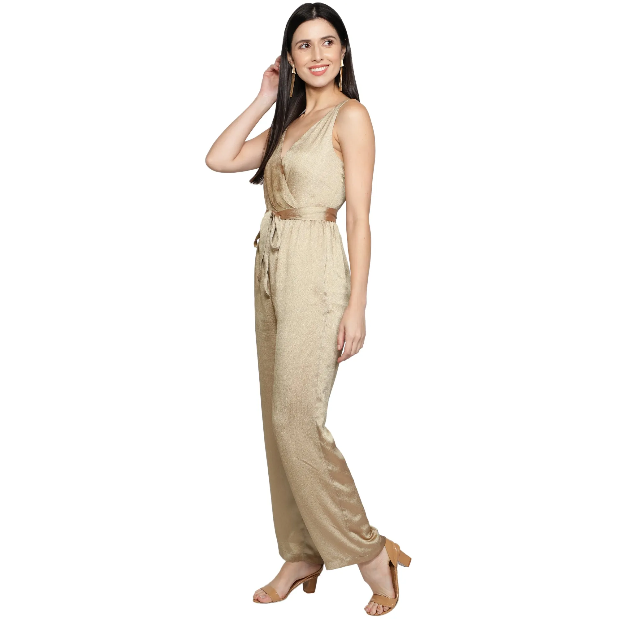 SLAY. Women's Gold Poly Shimmer Jumpsuit with waist belt