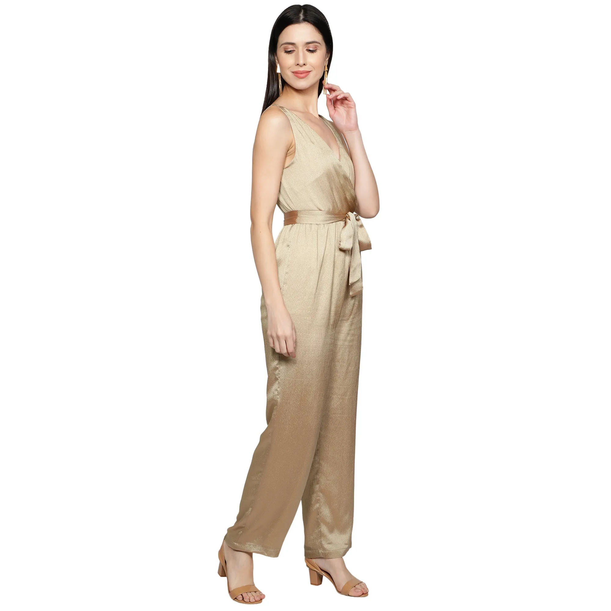 SLAY. Women's Gold Poly Shimmer Jumpsuit with waist belt