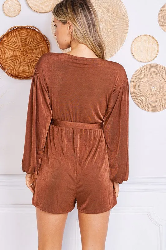 Slinky Surplice Romper With Waist Tie