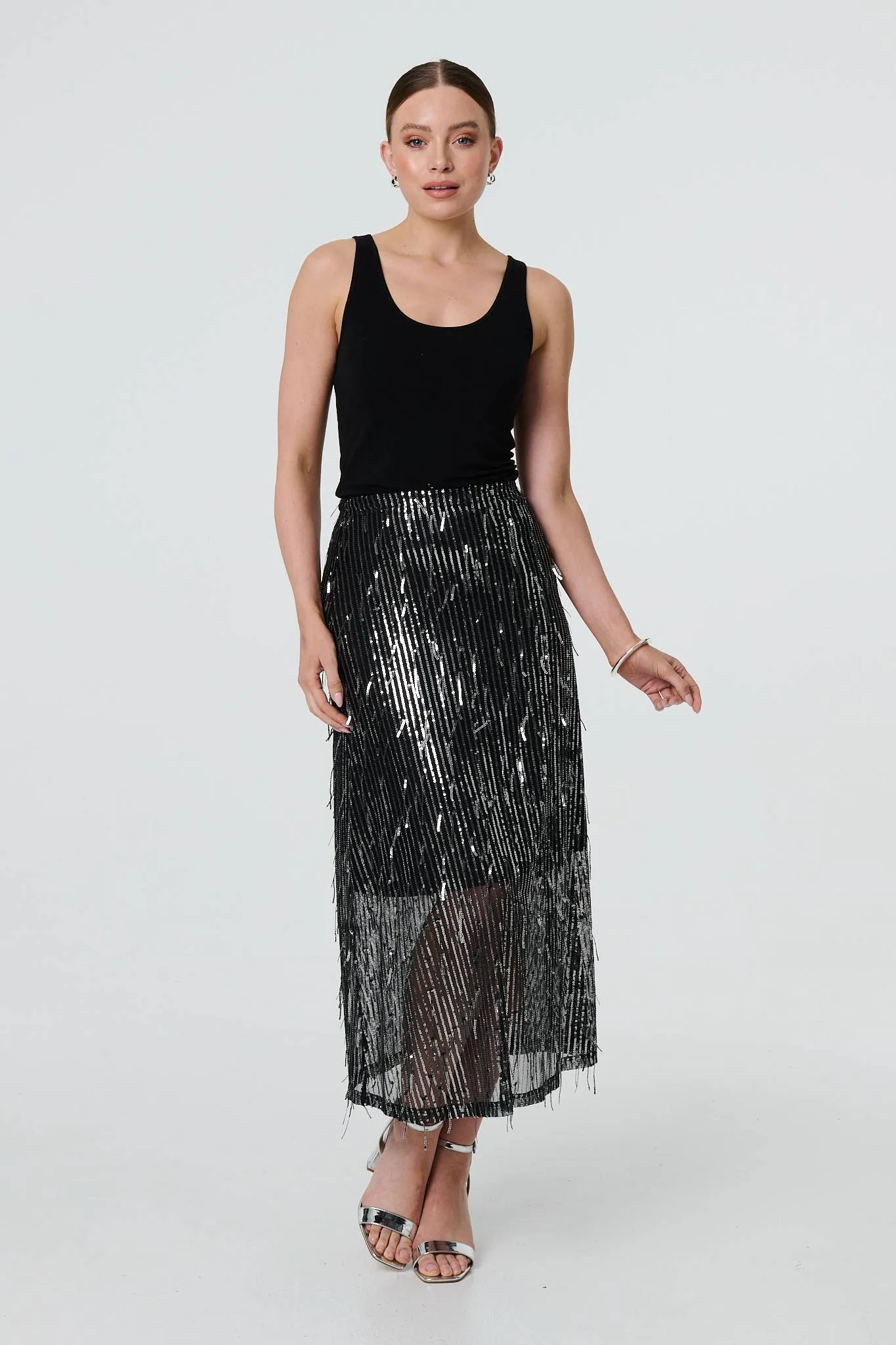 Sparkly Striped Mesh Layer Midi Skirt