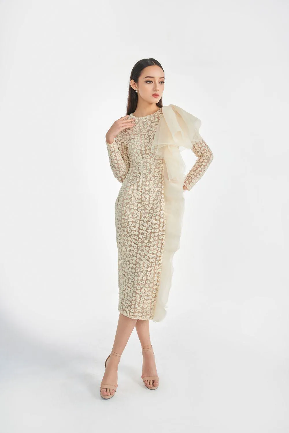 Sterling Pencil Long Sleeved Silk Organza Midi Dress