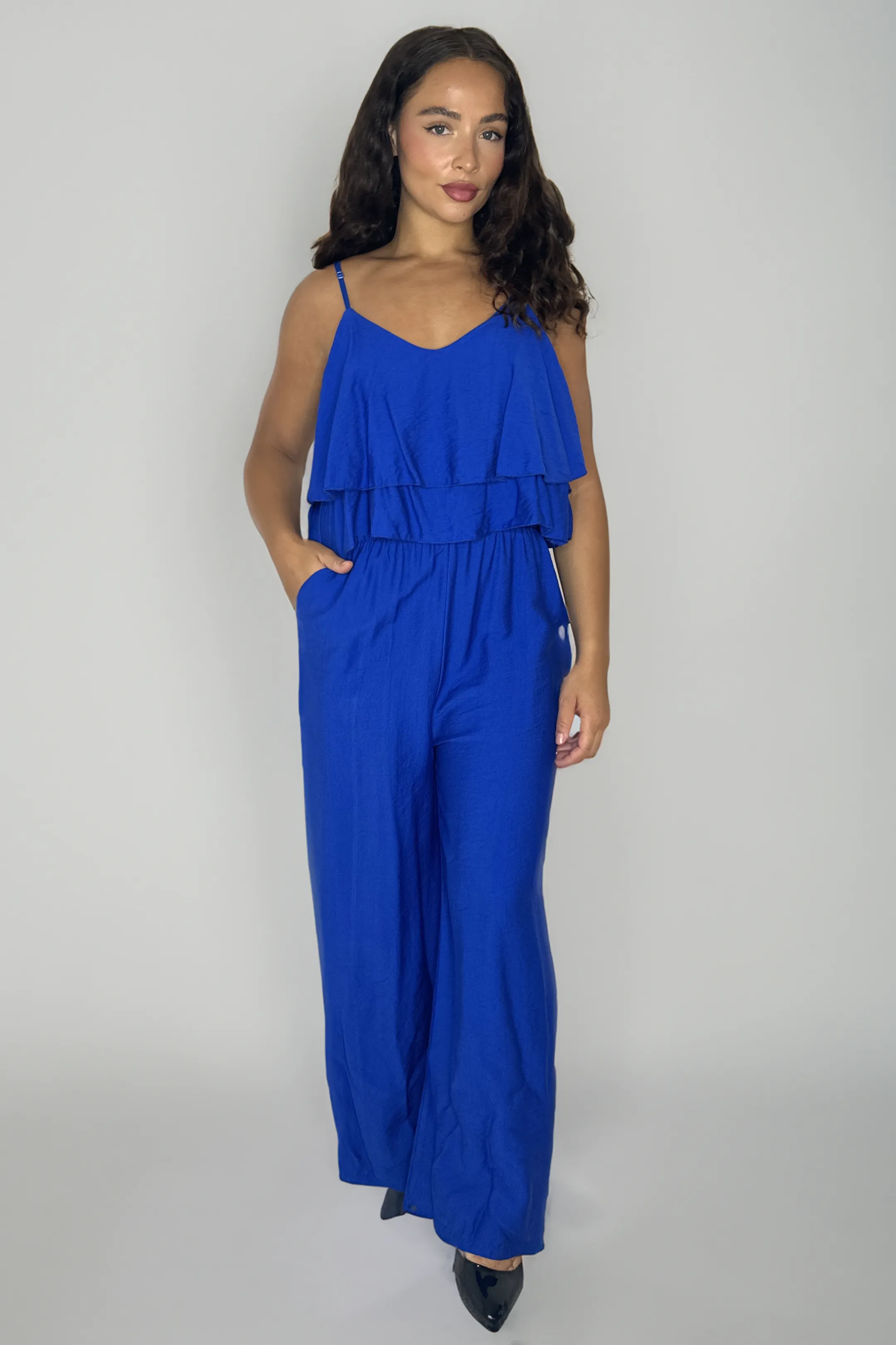 Strappy Layered Cinched Waist Viscose Blend Jumpsuit