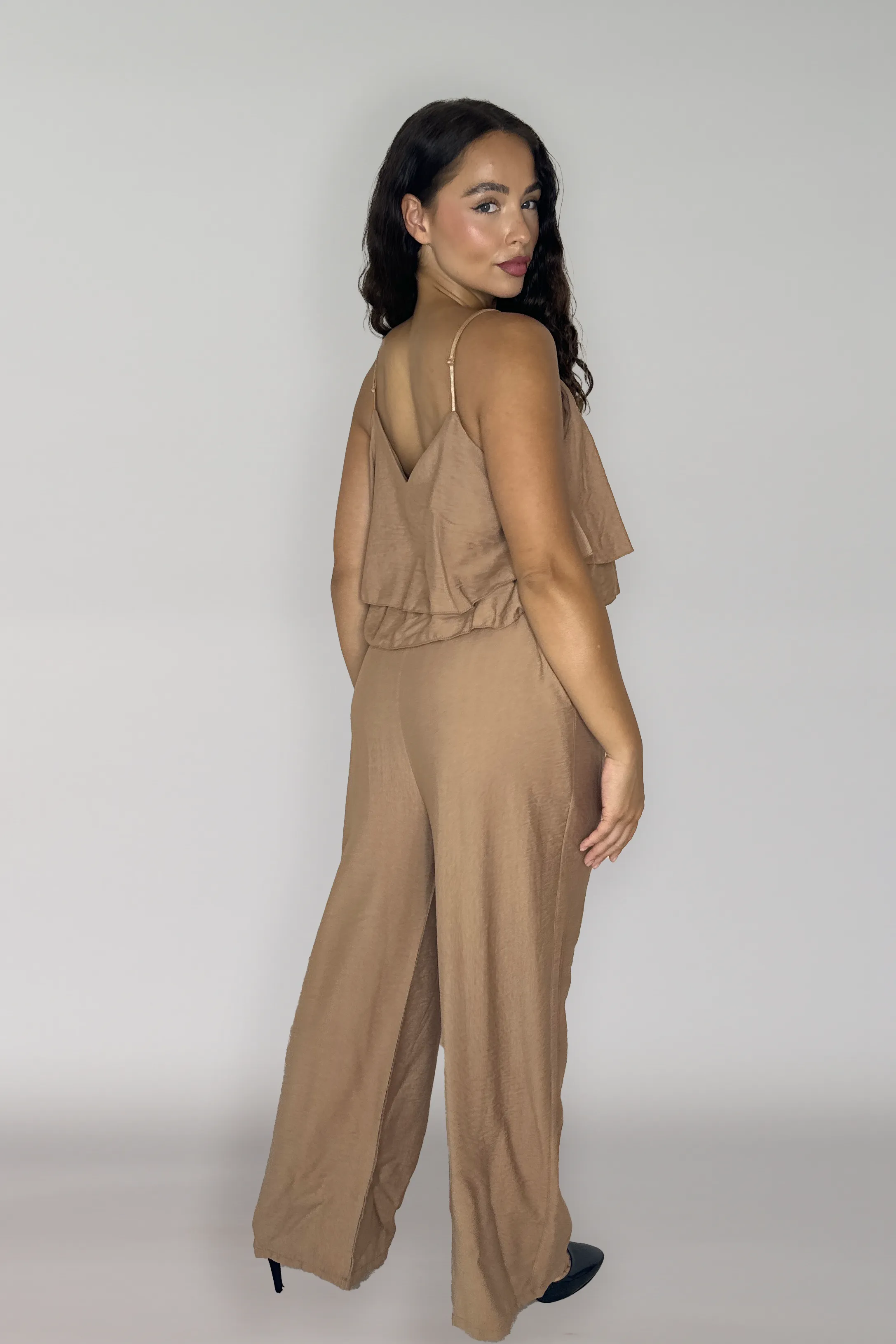 Strappy Layered Cinched Waist Viscose Blend Jumpsuit