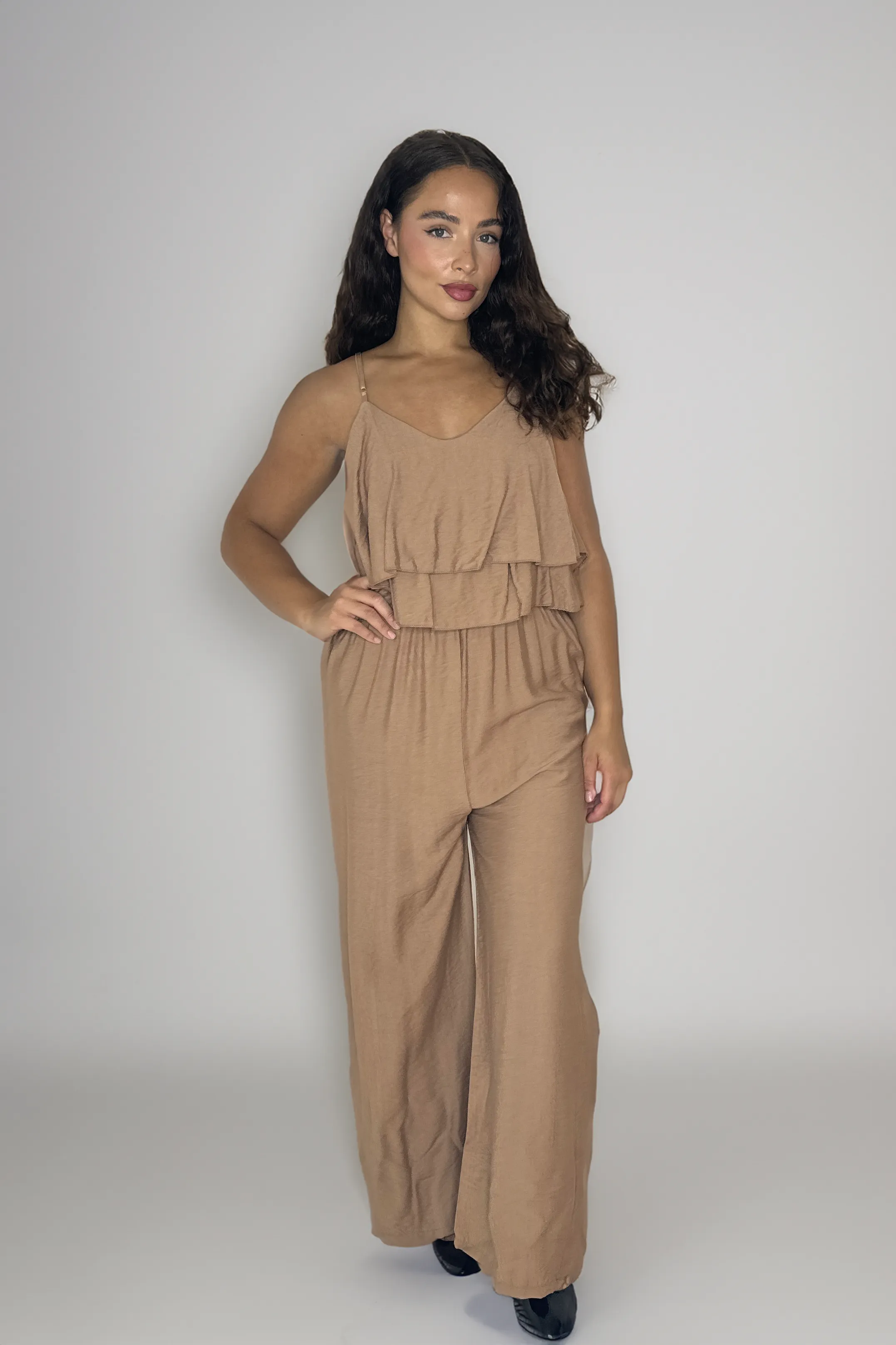 Strappy Layered Cinched Waist Viscose Blend Jumpsuit