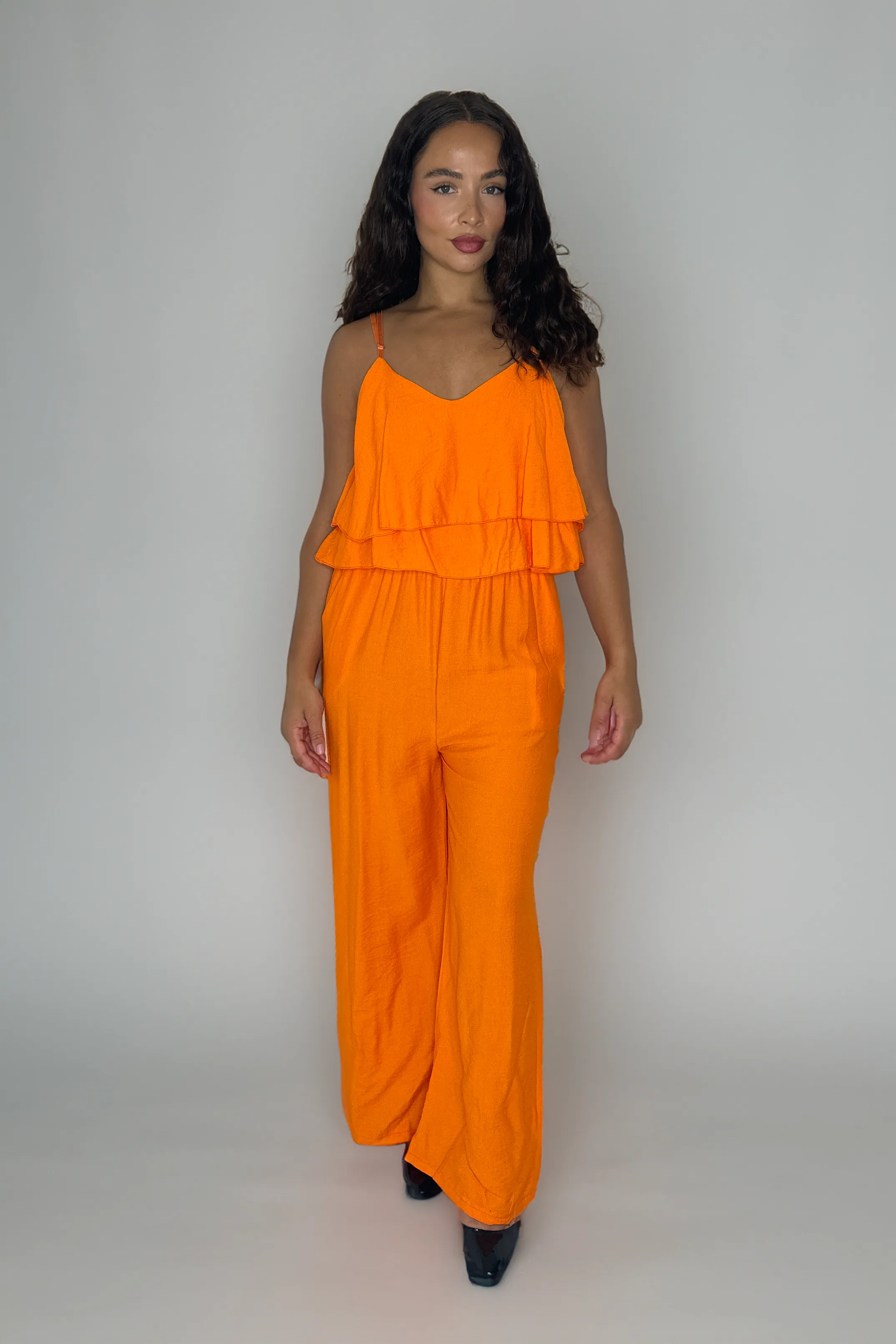 Strappy Layered Cinched Waist Viscose Blend Jumpsuit