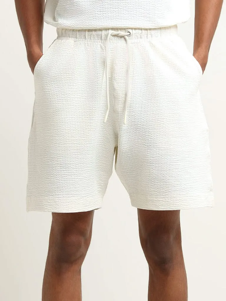 Studiofit Off-White Ribbed Textured Mid Rise Relaxed Fit Shorts