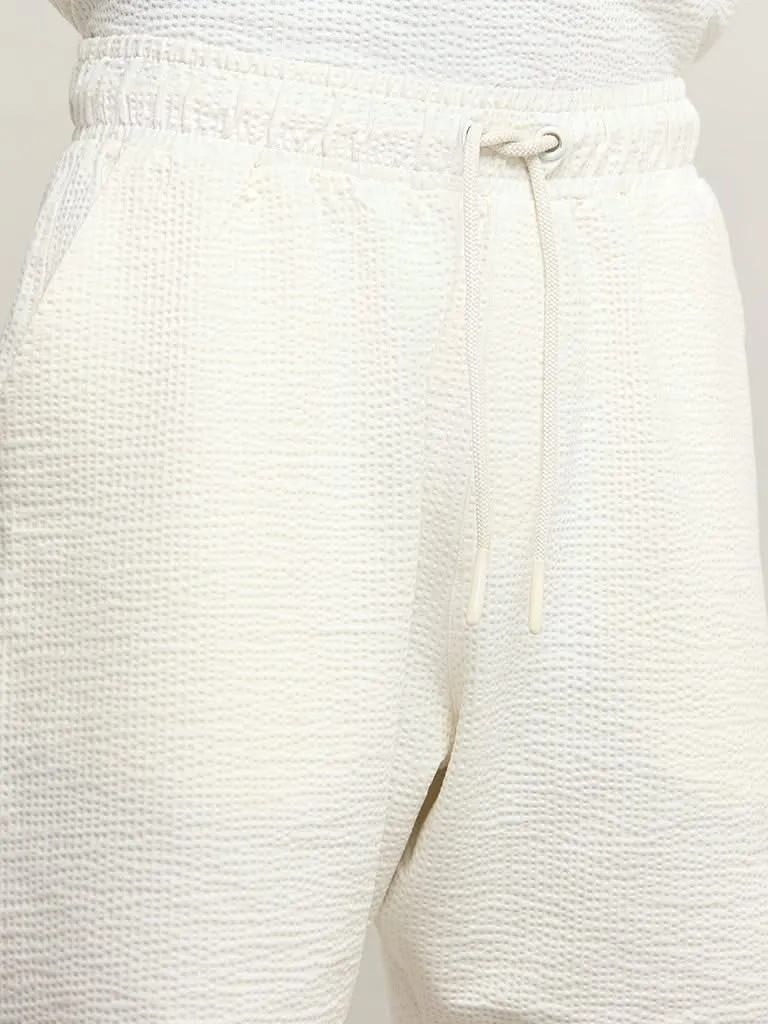 Studiofit Off-White Ribbed Textured Mid Rise Relaxed Fit Shorts