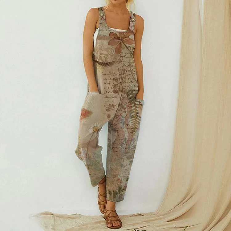 Summer Abstract printing loose cotton linen suspender button suspender Jumpsuit