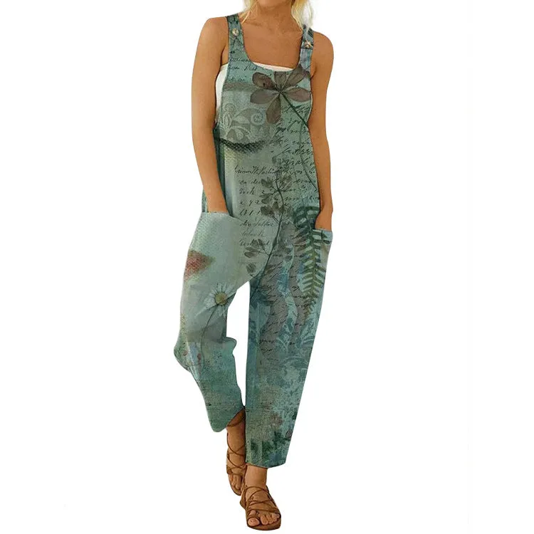 Summer Abstract printing loose cotton linen suspender button suspender Jumpsuit