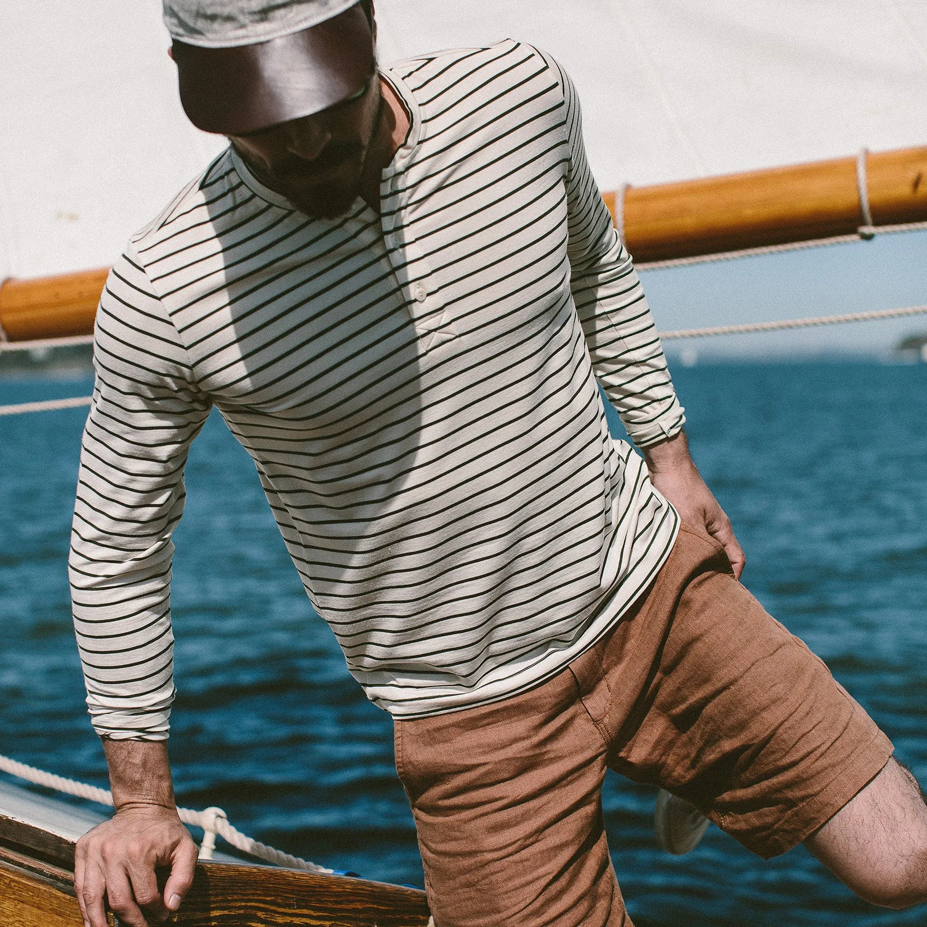 The Mercerized Merino Henley in Forest Stripe