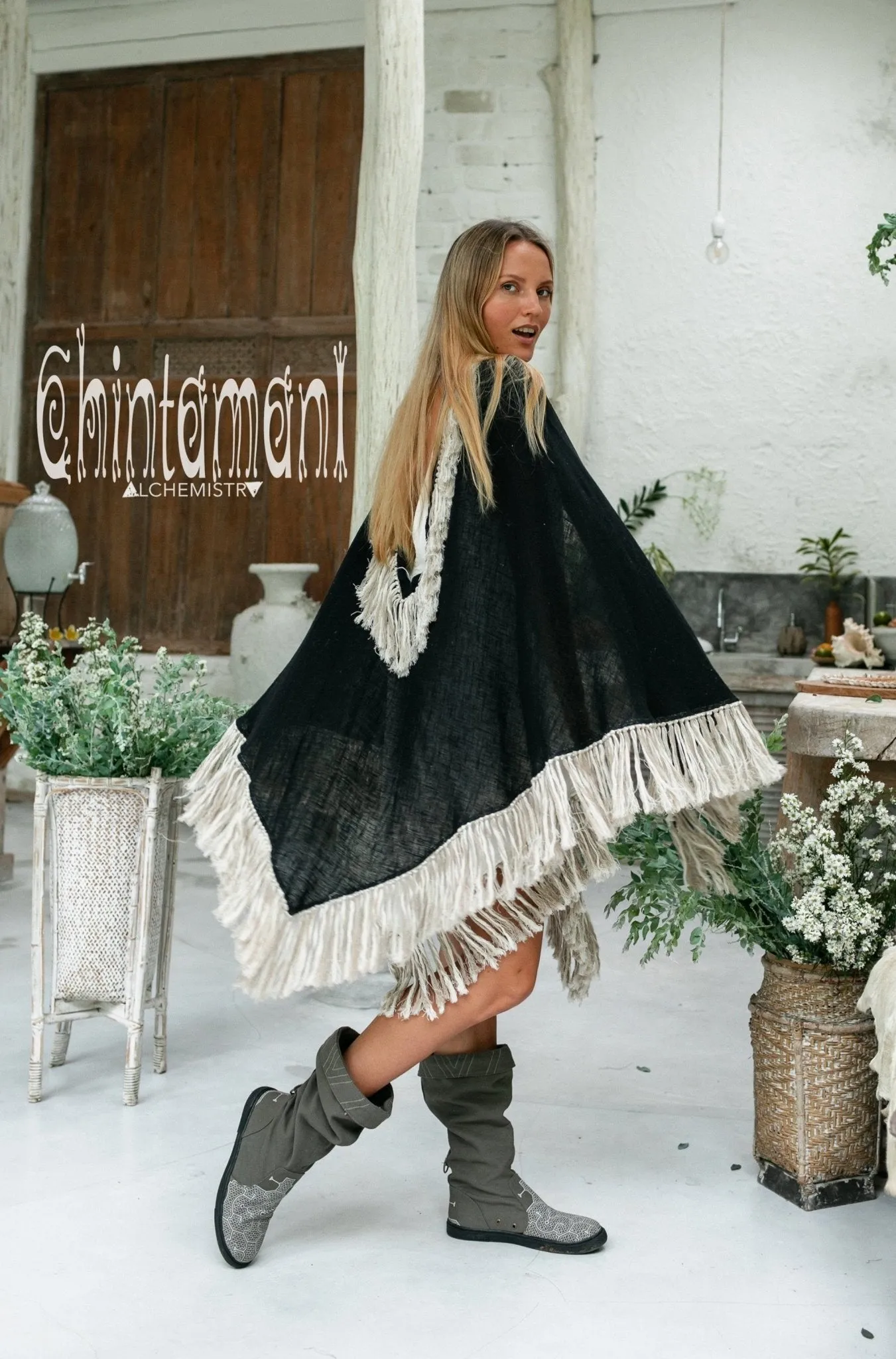 Thick and Thin Poncho / Soft Cotton   Cotton Canvas / Black