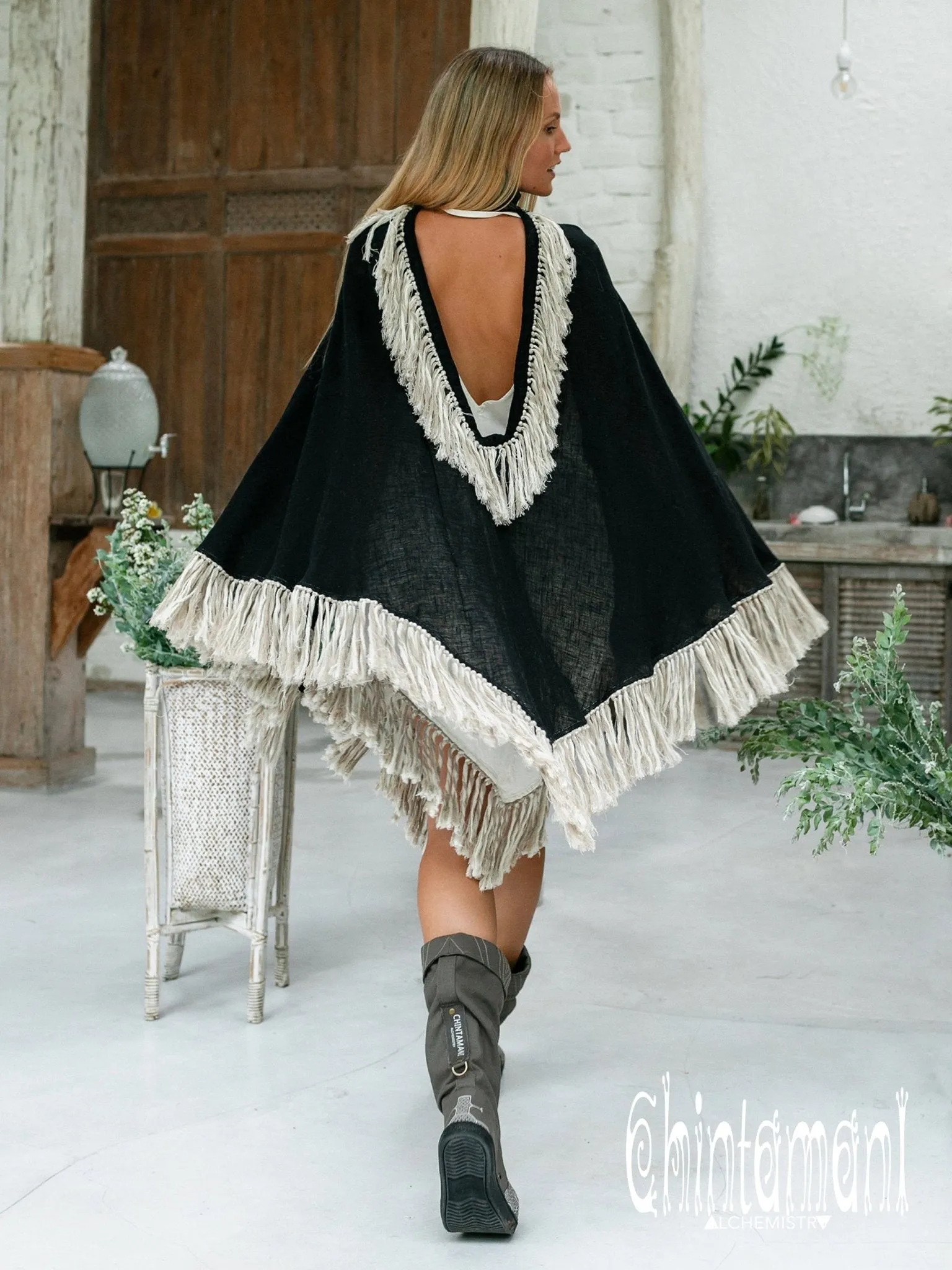 Thick and Thin Poncho / Soft Cotton   Cotton Canvas / Black