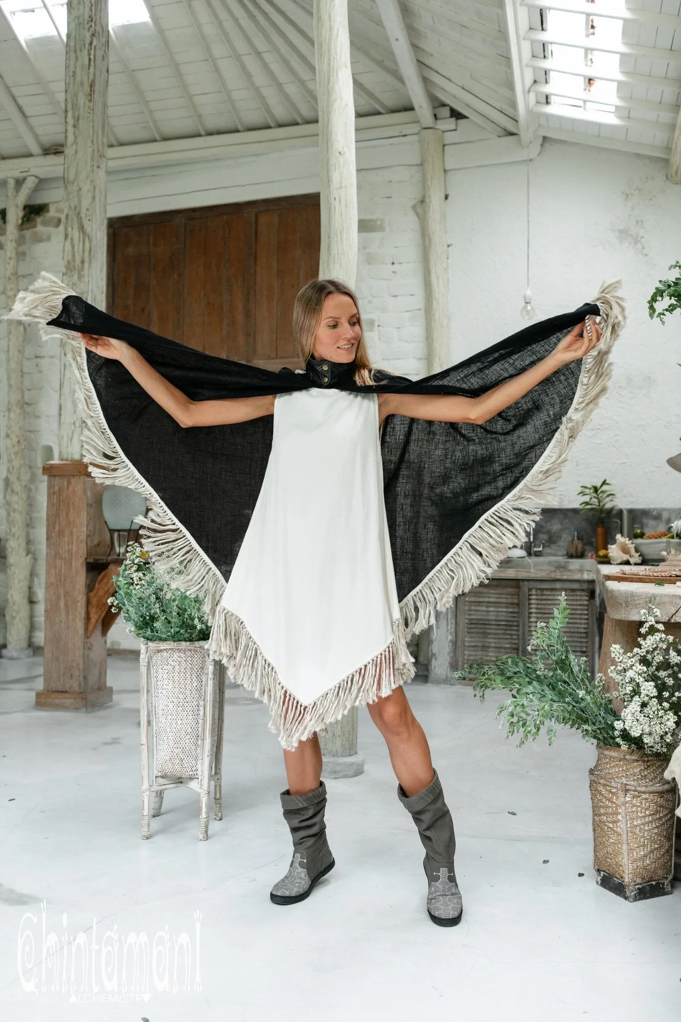 Thick and Thin Poncho / Soft Cotton   Cotton Canvas / Black