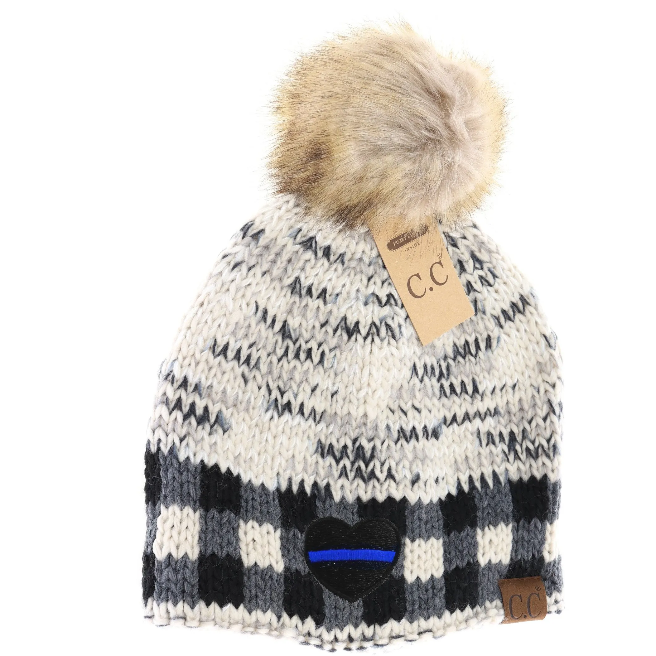 Thin Blue Line Heart Buffalo Check Mixed Print Fur Pom