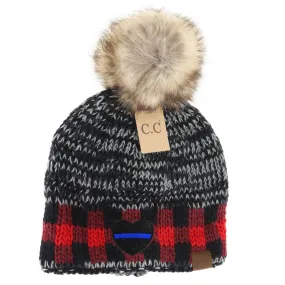 Thin Blue Line Heart Buffalo Check Mixed Print Fur Pom