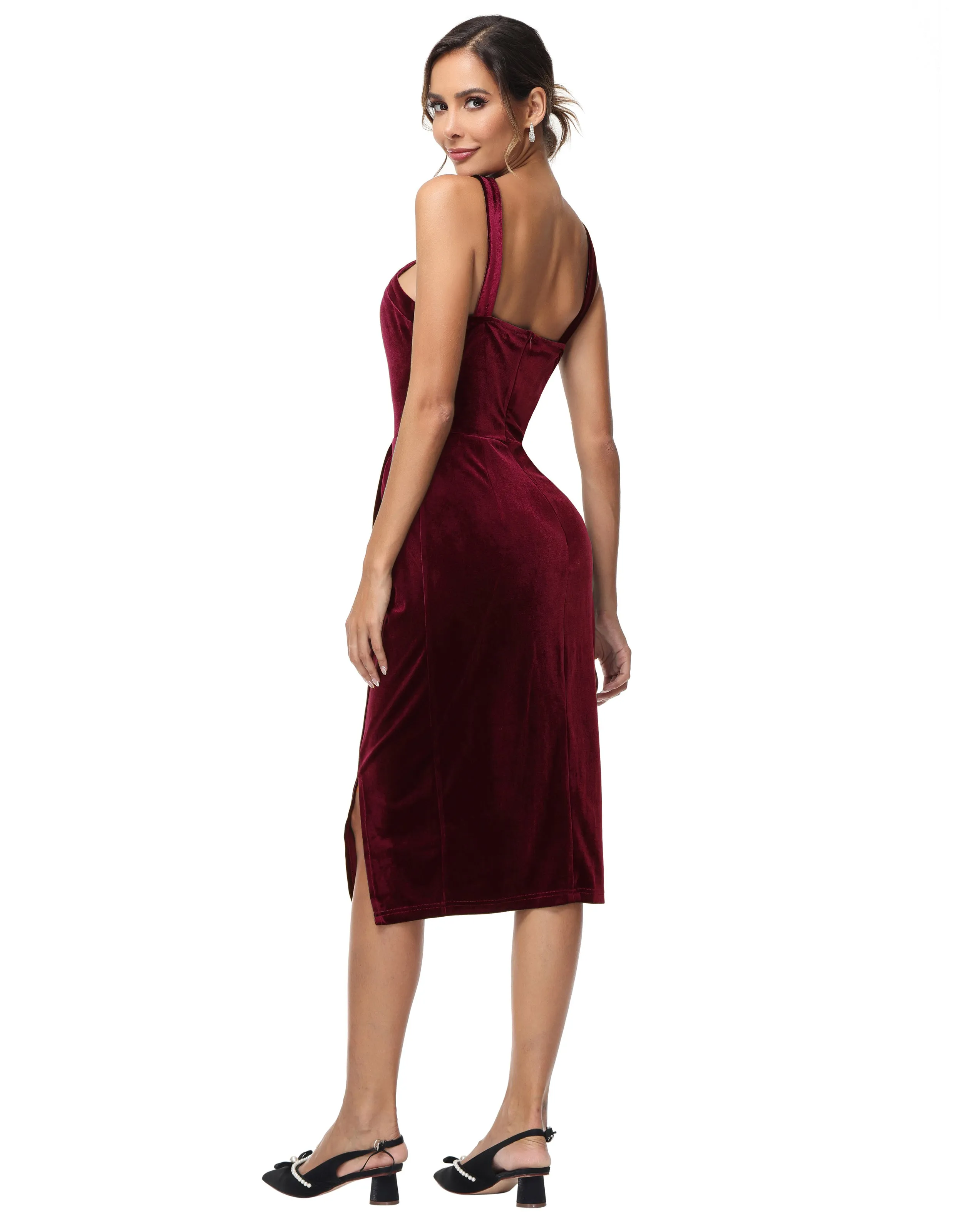 Vintage Front Slit Velvet Dress Halterneck Ruched Bodycon Dress