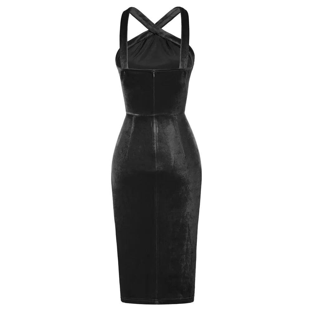 Vintage Front Slit Velvet Dress Halterneck Ruched Bodycon Dress