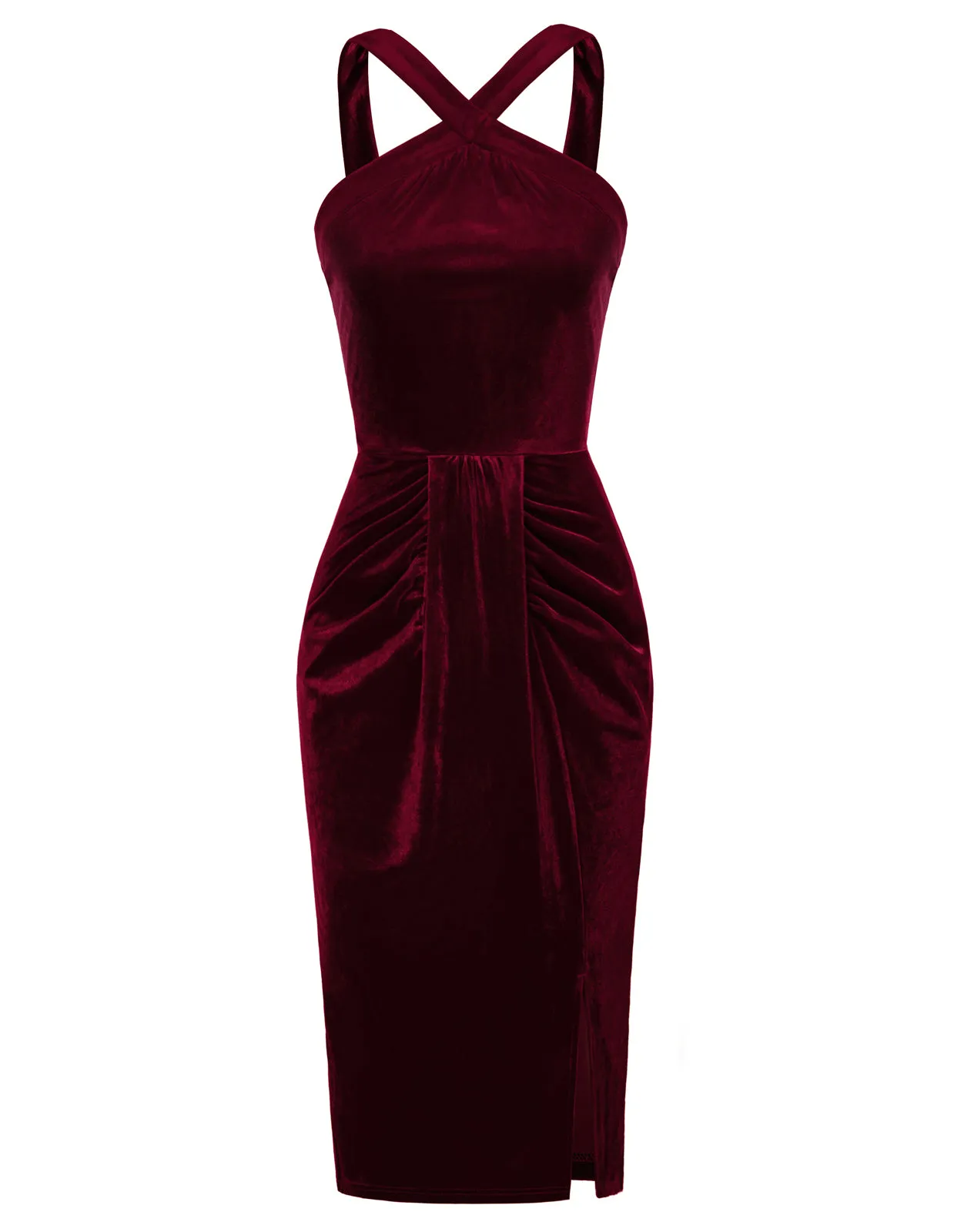 Vintage Front Slit Velvet Dress Halterneck Ruched Bodycon Dress