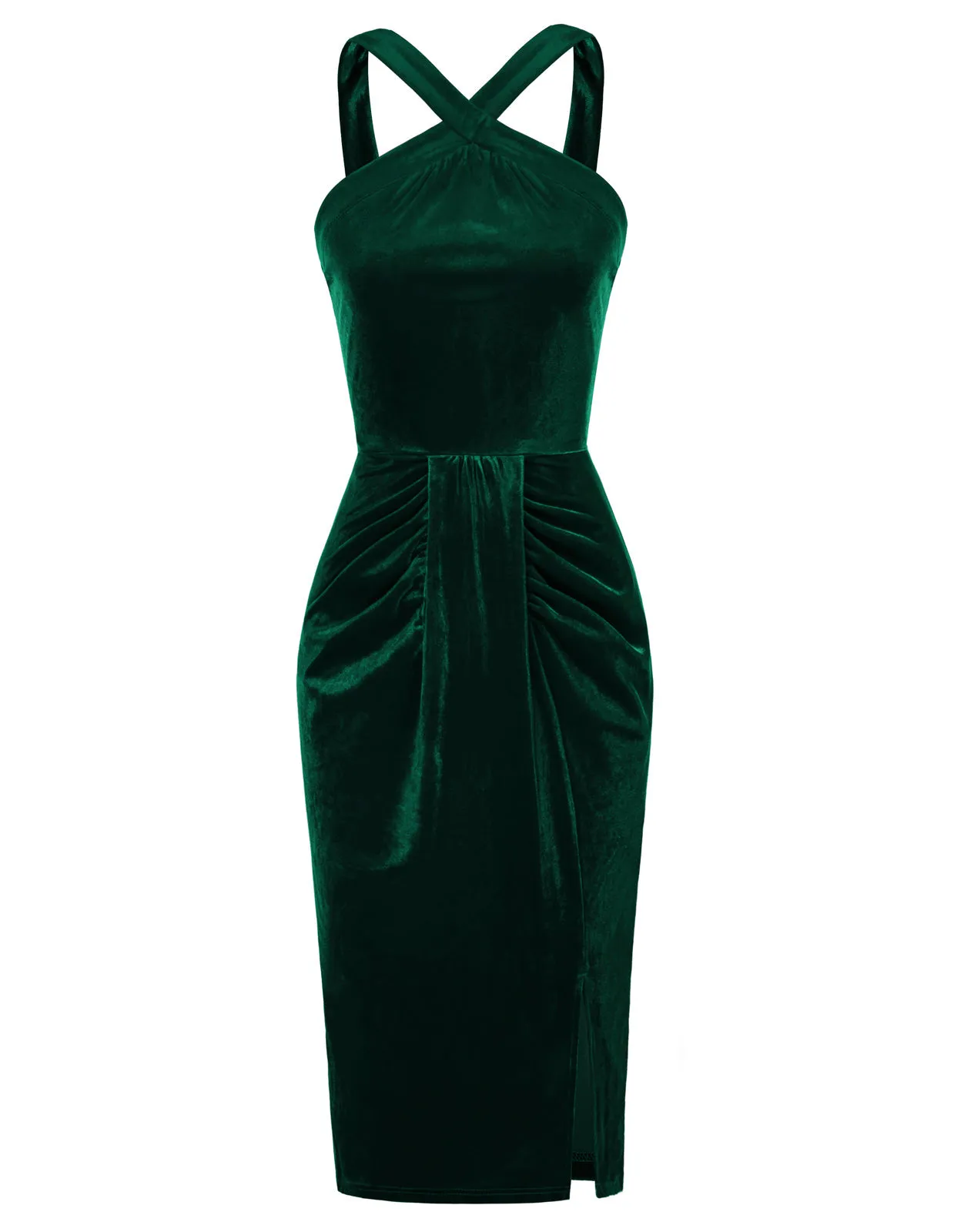 Vintage Front Slit Velvet Dress Halterneck Ruched Bodycon Dress