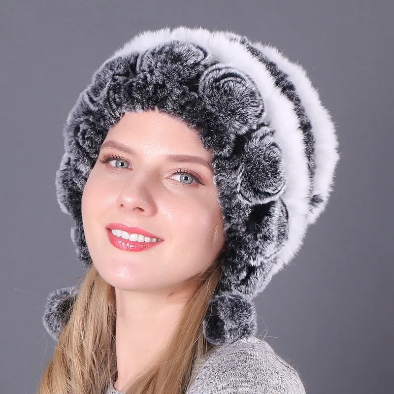 Warm ear protection fur Rex rabbit fur hat three ball autumn and winter round hat knitted women's hat wool hat