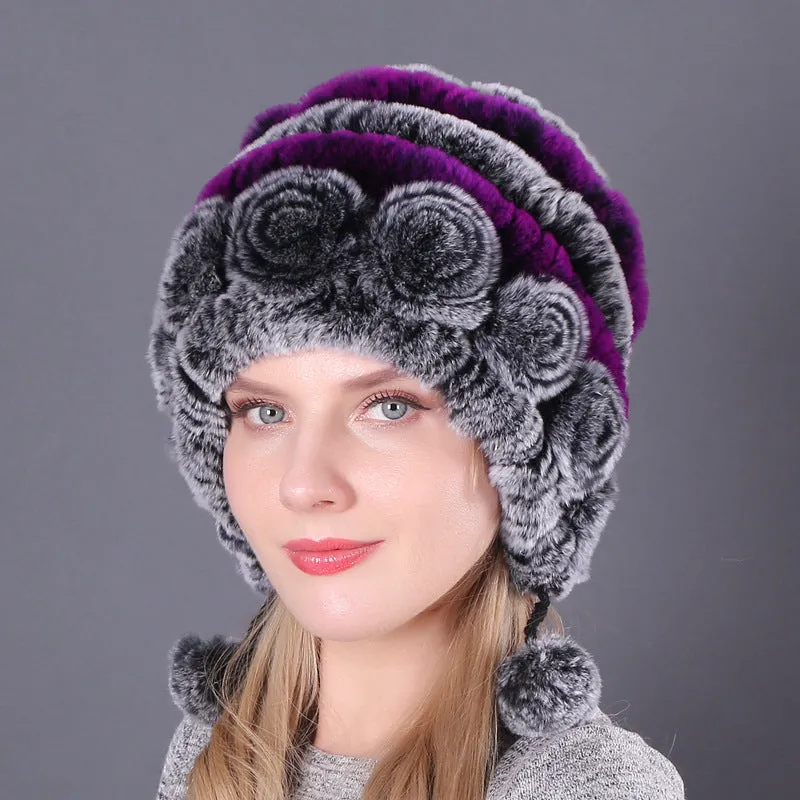 Warm ear protection fur Rex rabbit fur hat three ball autumn and winter round hat knitted women's hat wool hat