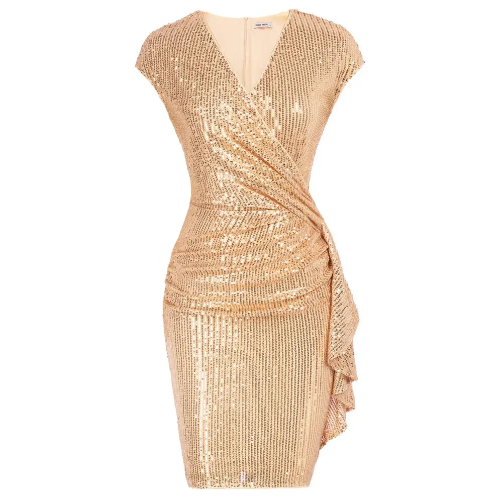 Women Sequined Party Dress Cap Short Sleeve V-Neck Ruched Bodycon Midi Dress Office Lady Cocktail Party Dresses A30