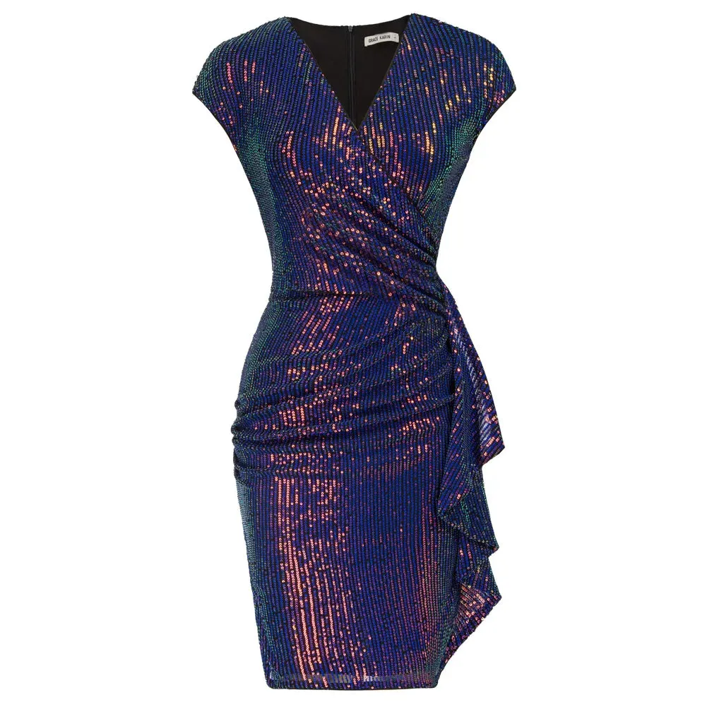 Women Sequined Party Dress Cap Short Sleeve V-Neck Ruched Bodycon Midi Dress Office Lady Cocktail Party Dresses A30