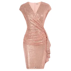 Women Sequined Party Dress Cap Short Sleeve V-Neck Ruched Bodycon Midi Dress Office Lady Cocktail Party Dresses A30