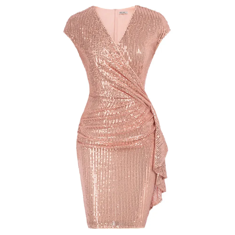 Women Sequined Party Dress Cap Short Sleeve V-Neck Ruched Bodycon Midi Dress Office Lady Cocktail Party Dresses A30