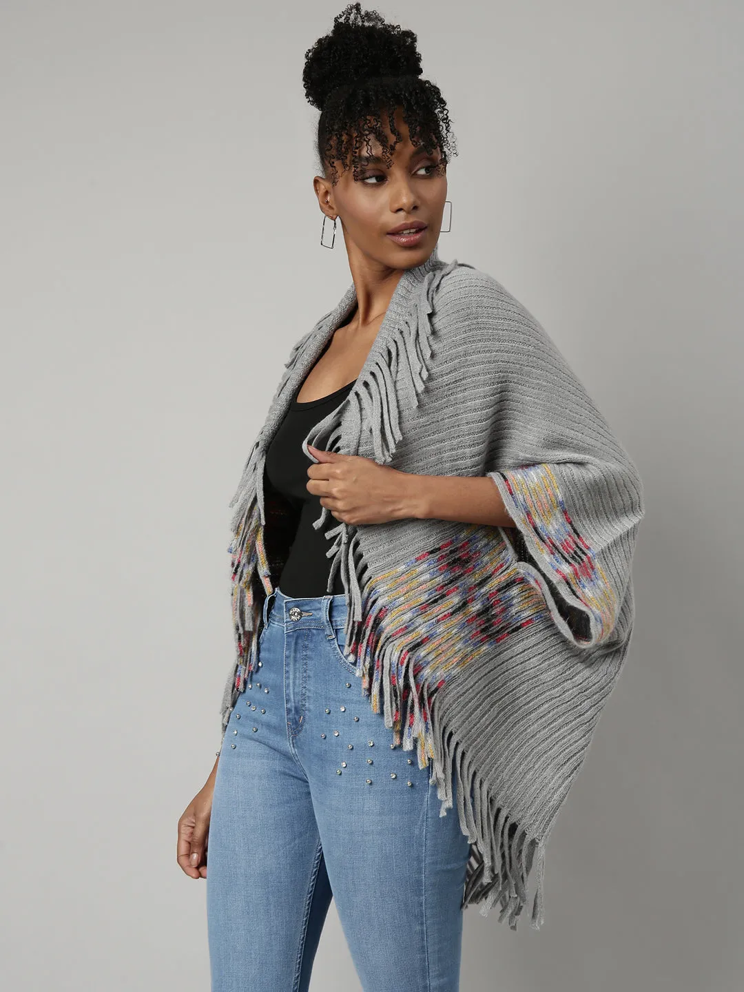 Women Striped Grey Longline Poncho