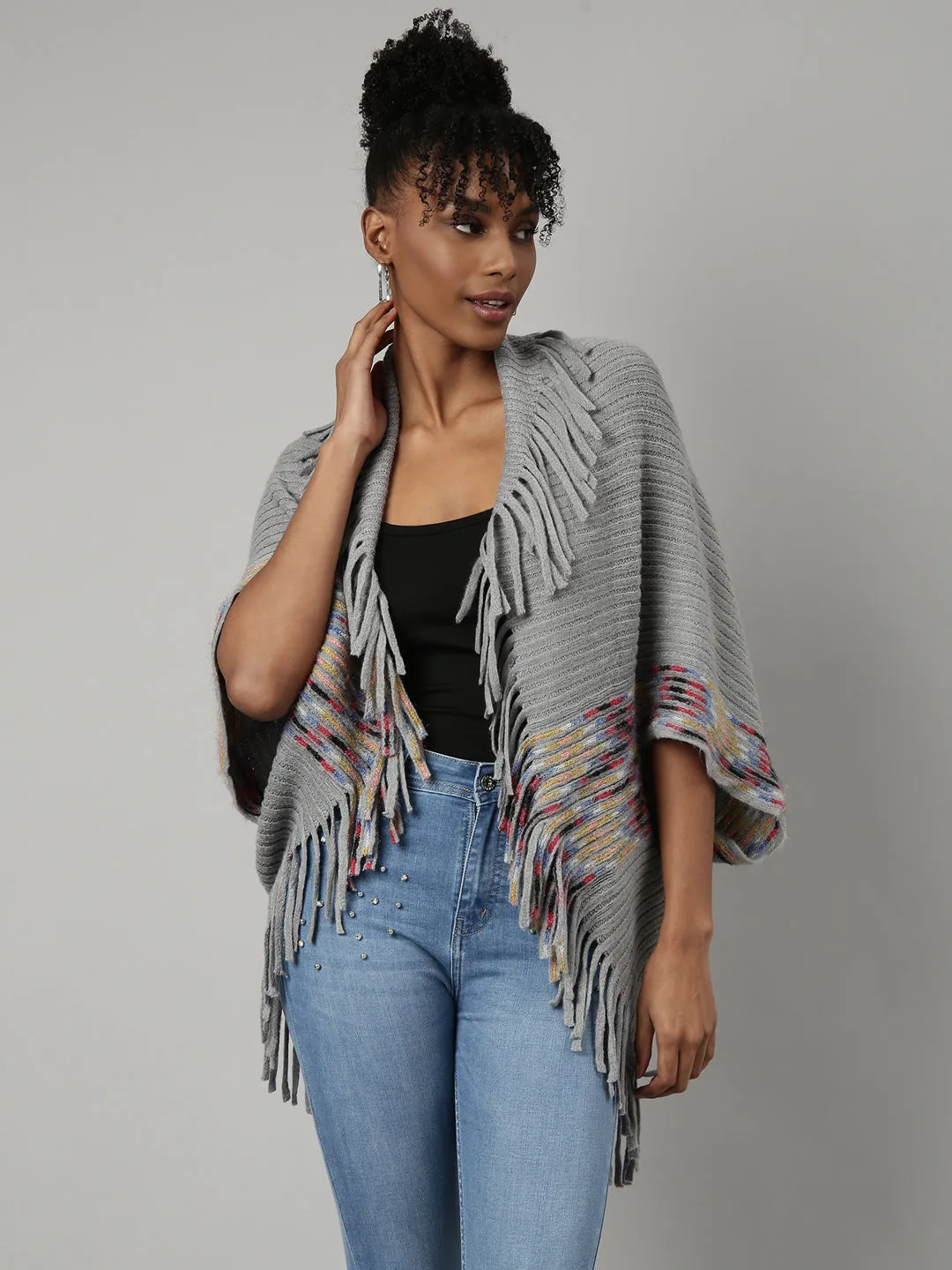 Women Striped Grey Longline Poncho