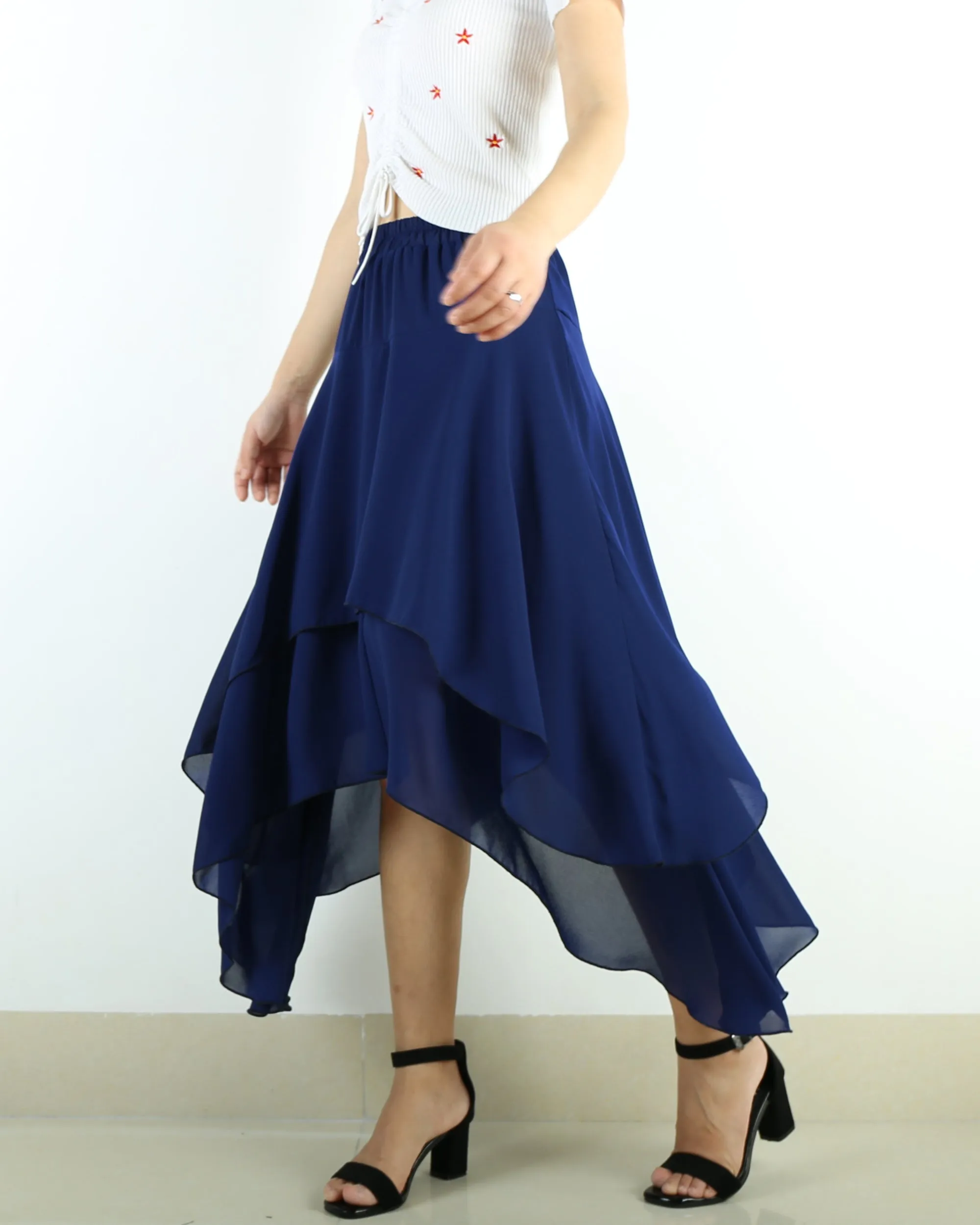 Women's asymmetrical skirt, chiffon skirt, elastic waist skirt, customized summer skirt(Q1004)