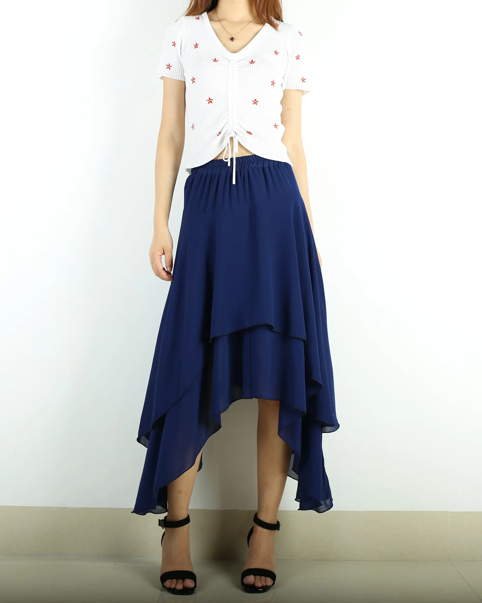 Women's asymmetrical skirt, chiffon skirt, elastic waist skirt, customized summer skirt(Q1004)