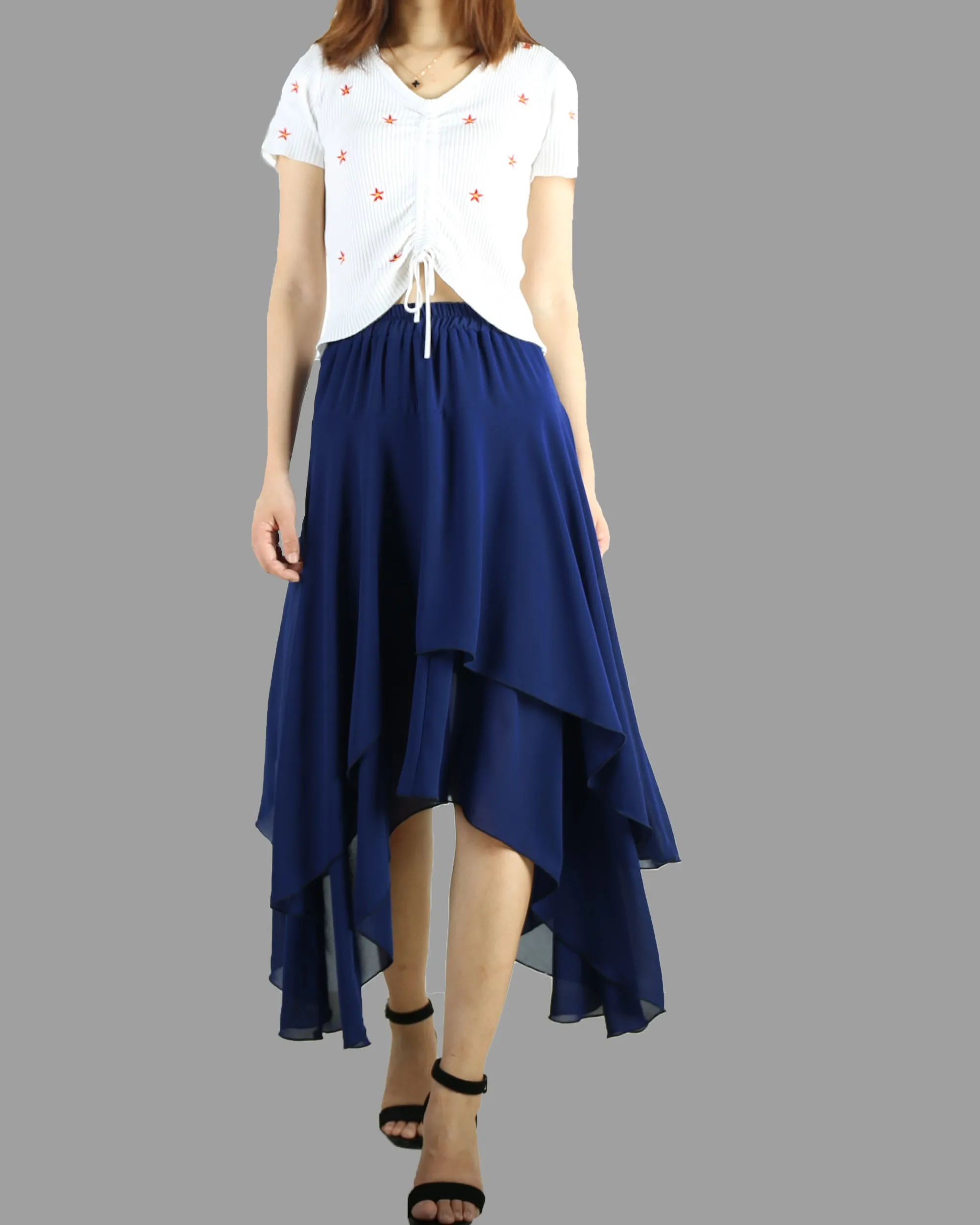 Women's asymmetrical skirt, chiffon skirt, elastic waist skirt, customized summer skirt(Q1004)