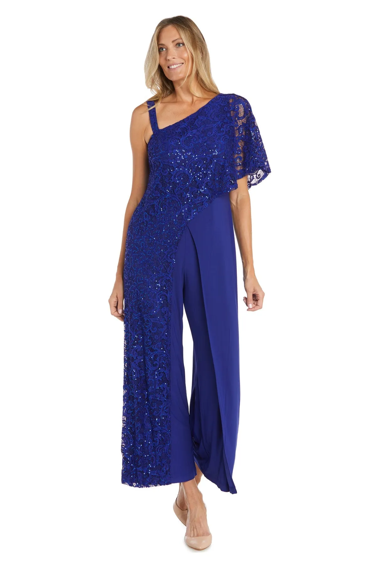 Women's Lace and Sequin Embellished Asymmetric Evening Jumpsuit