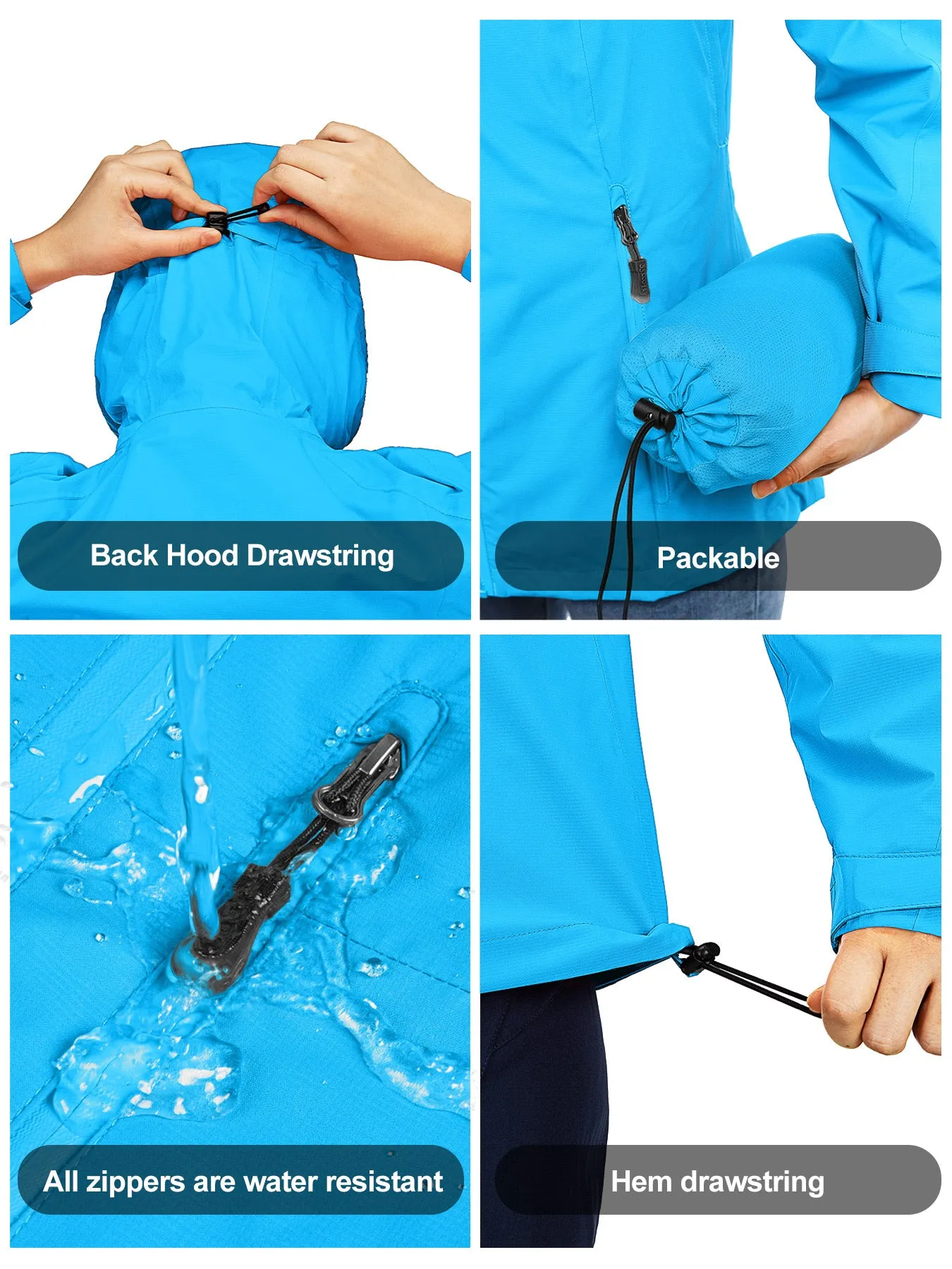 Women's Packable Rain Jacket with 4 Pockets: 1.10 lbs 10000mm W/P index 10000 Level Breathable