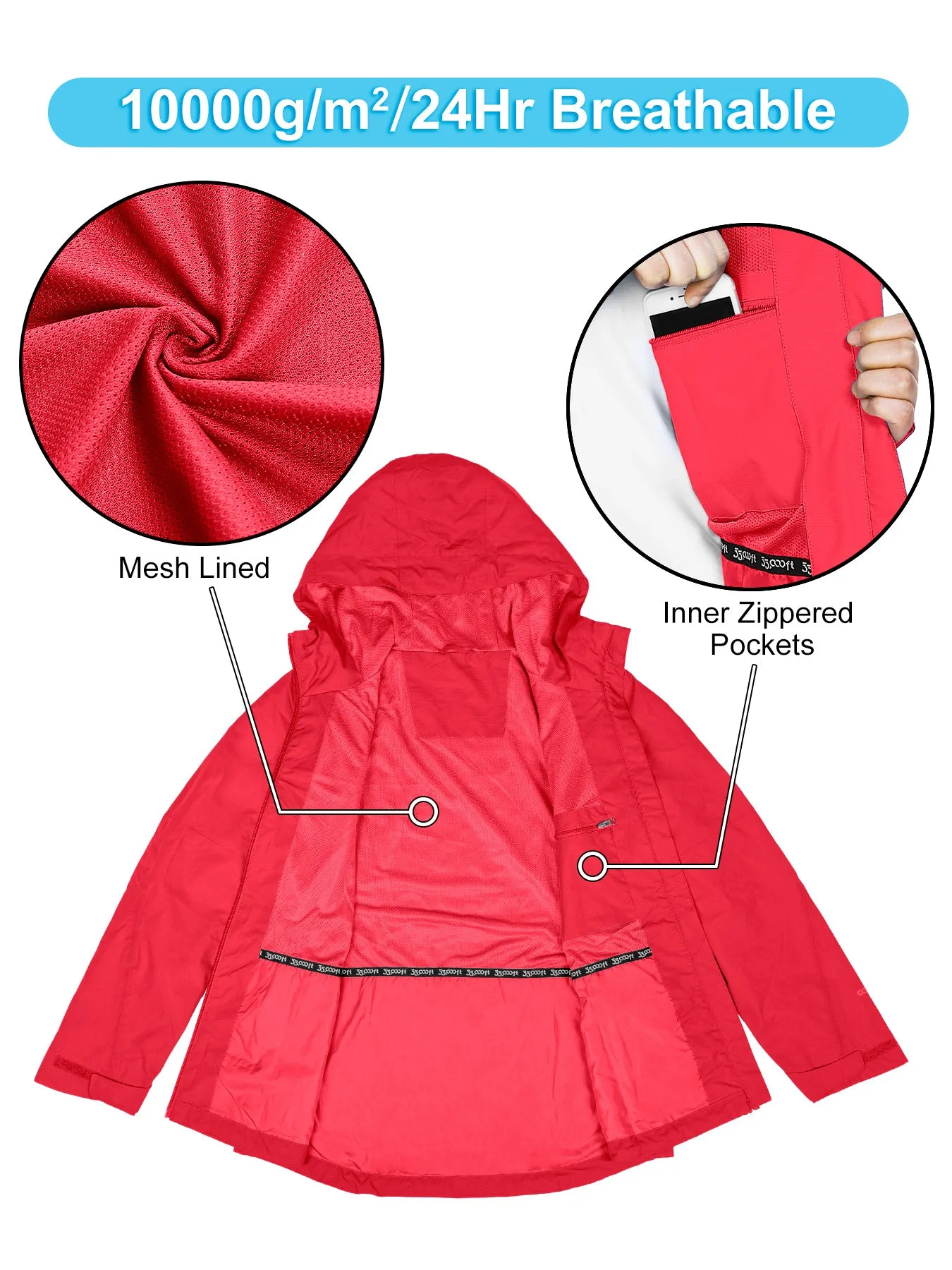 Women's Packable Rain Jacket with 4 Pockets: 1.10 lbs 10000mm W/P index 10000 Level Breathable