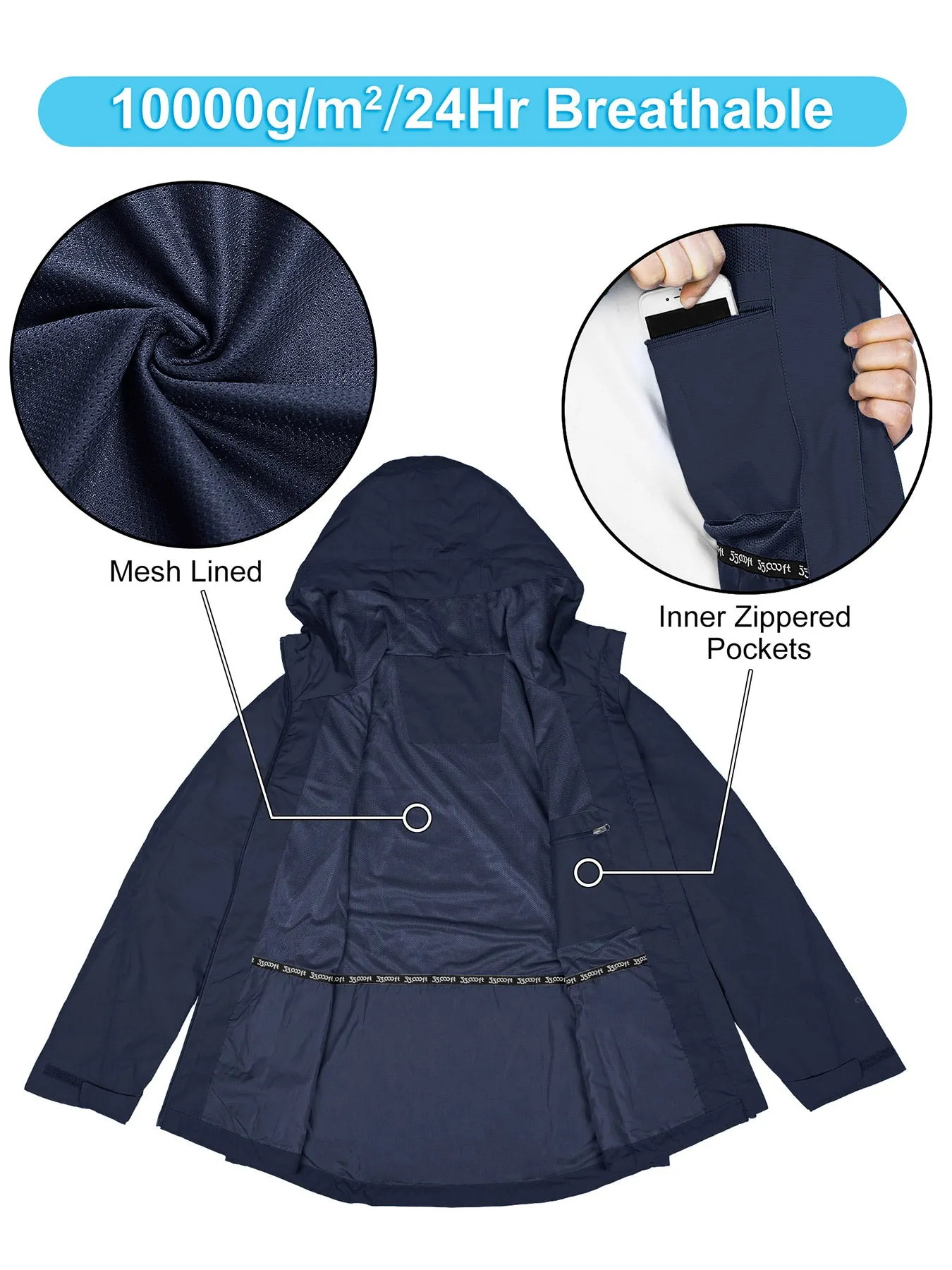 Women's Packable Rain Jacket with 4 Pockets: 1.10 lbs 10000mm W/P index 10000 Level Breathable