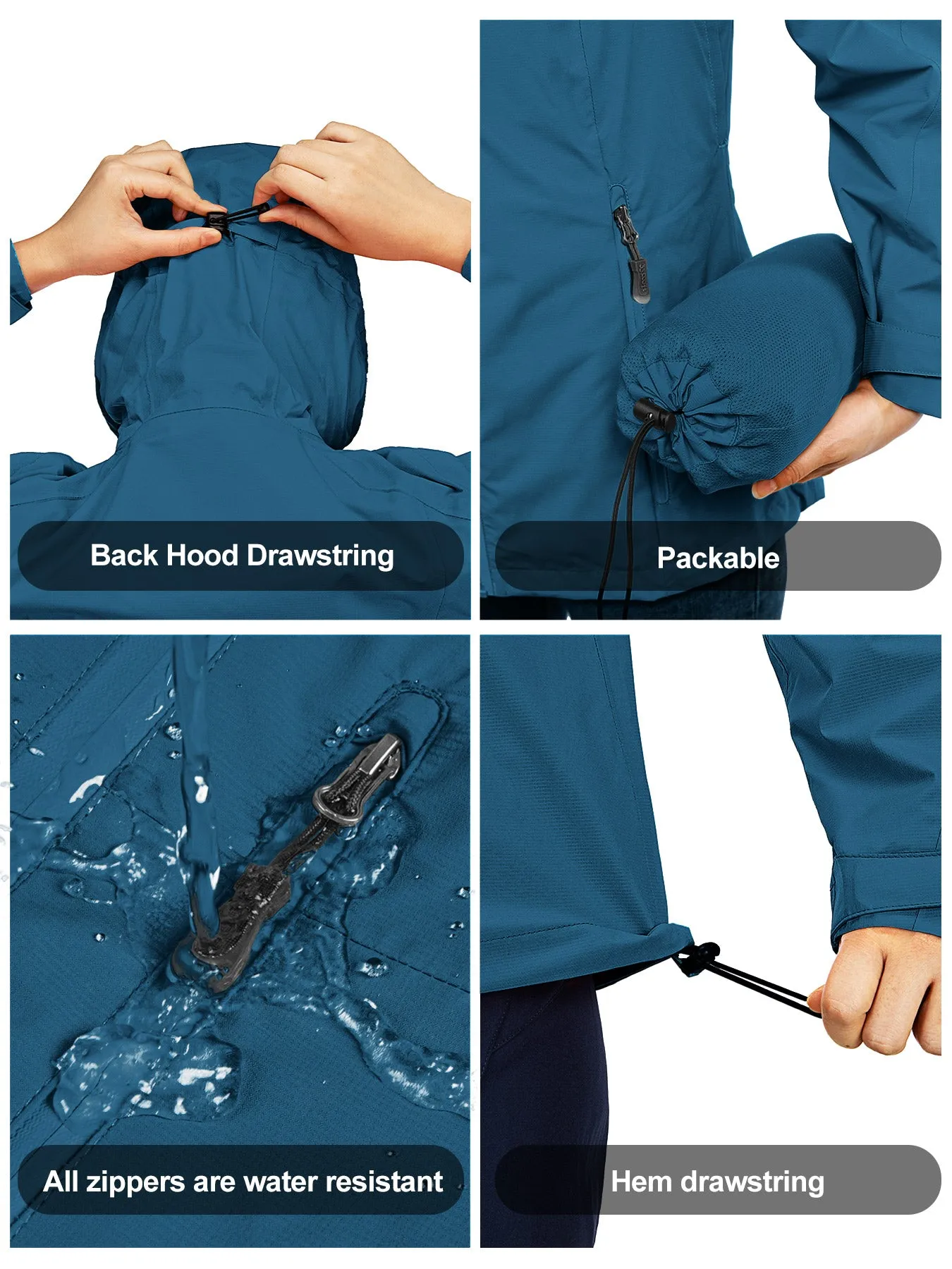 Women's Packable Rain Jacket with 4 Pockets: 1.10 lbs 10000mm W/P index 10000 Level Breathable