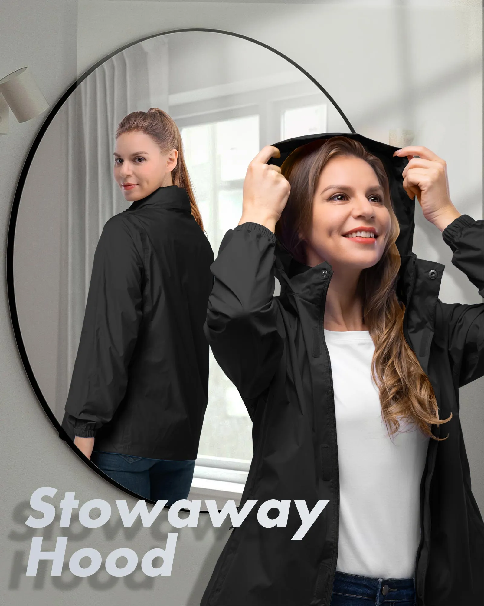 Women's Packable Rain Jacket with Hideaway Hood and 4 Pockets: 0.64 lbs 5000mm W/P 5000 Level Breathable