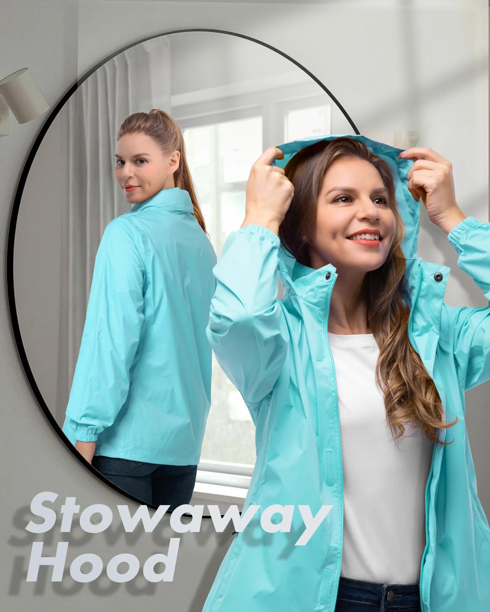 Women's Packable Rain Jacket with Hideaway Hood and 4 Pockets: 0.64 lbs 5000mm W/P 5000 Level Breathable