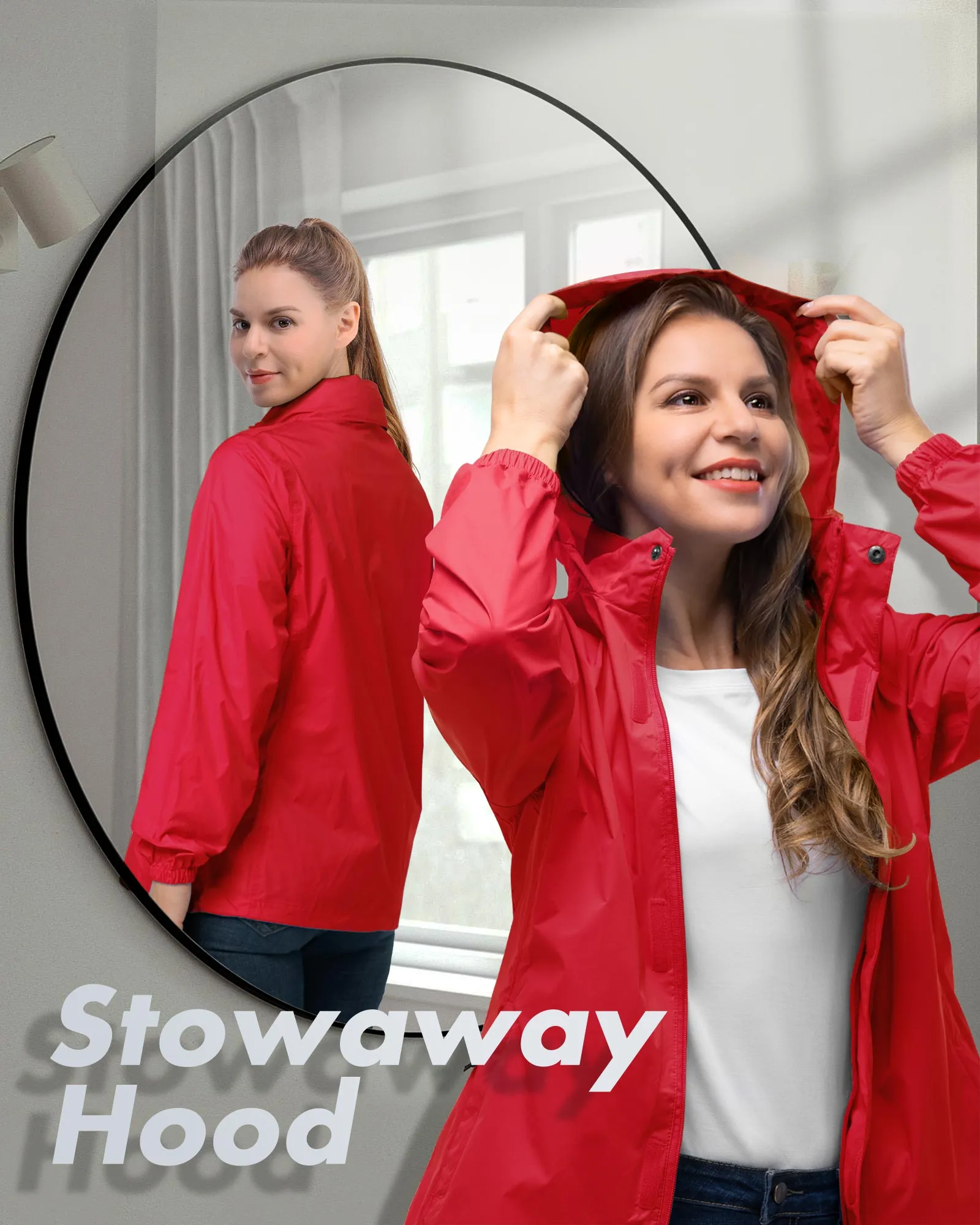 Women's Packable Rain Jacket with Hideaway Hood and 4 Pockets: 0.64 lbs 5000mm W/P 5000 Level Breathable