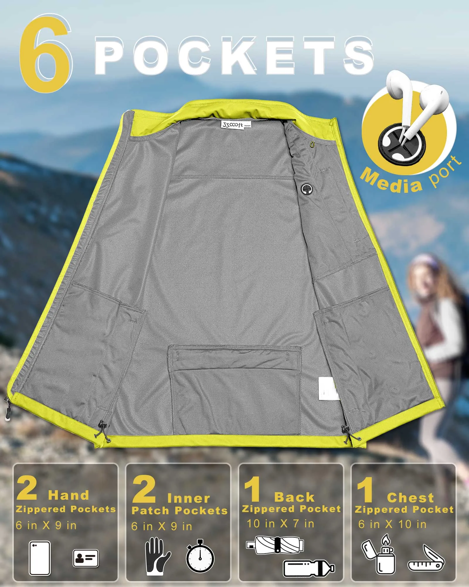 Women's Windproof Vest Outerwear with 6 Pockets and Reoflective Design: 0.77lbs 10000mm W/P index 10000 Level Breathable