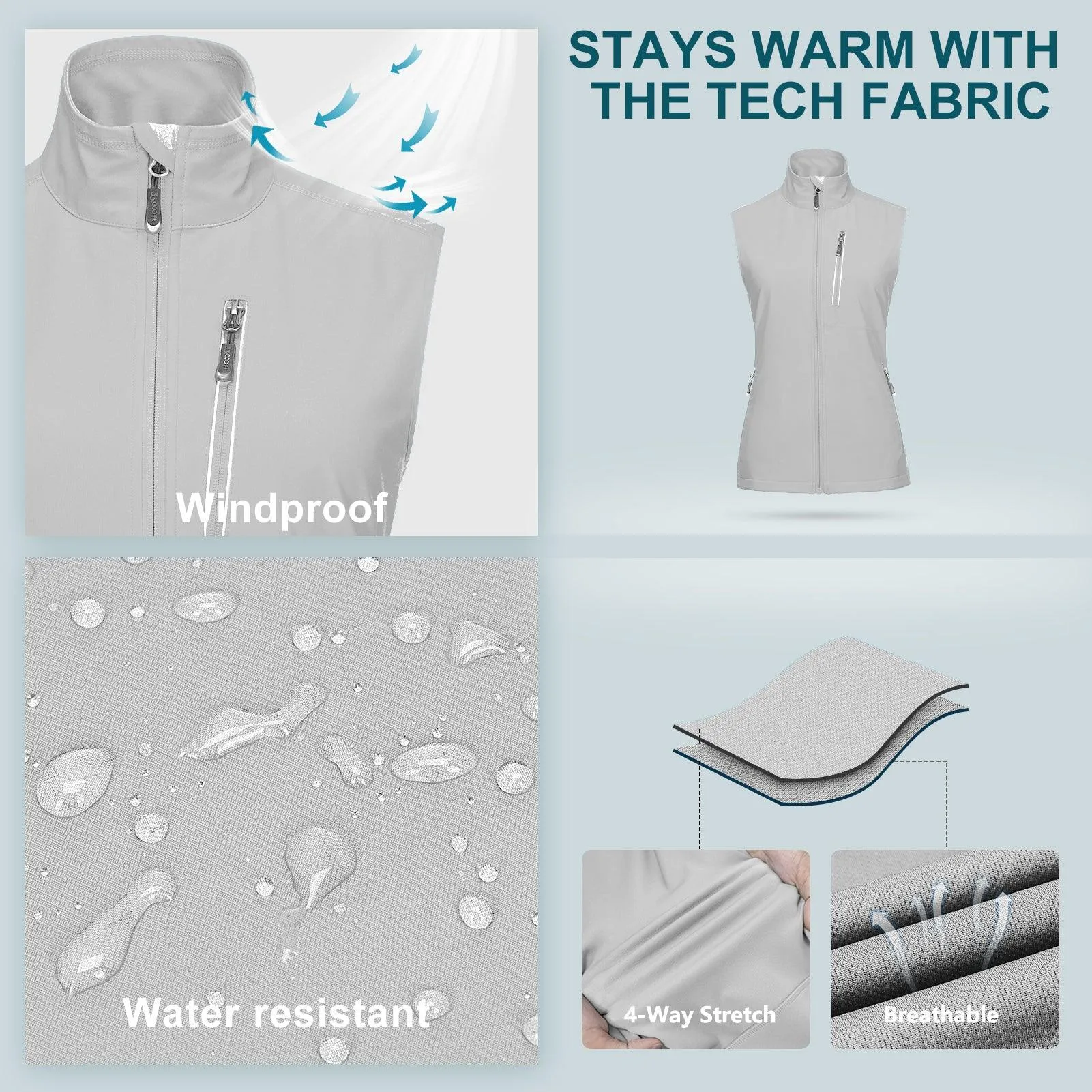 Women's Windproof Vest Outerwear with 6 Pockets and Reoflective Design: 0.77lbs 10000mm W/P index 10000 Level Breathable