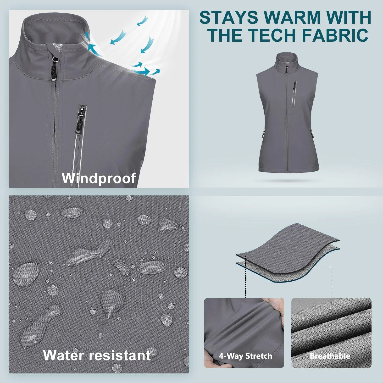 Women's Windproof Vest Outerwear with 6 Pockets and Reoflective Design: 0.77lbs 10000mm W/P index 10000 Level Breathable