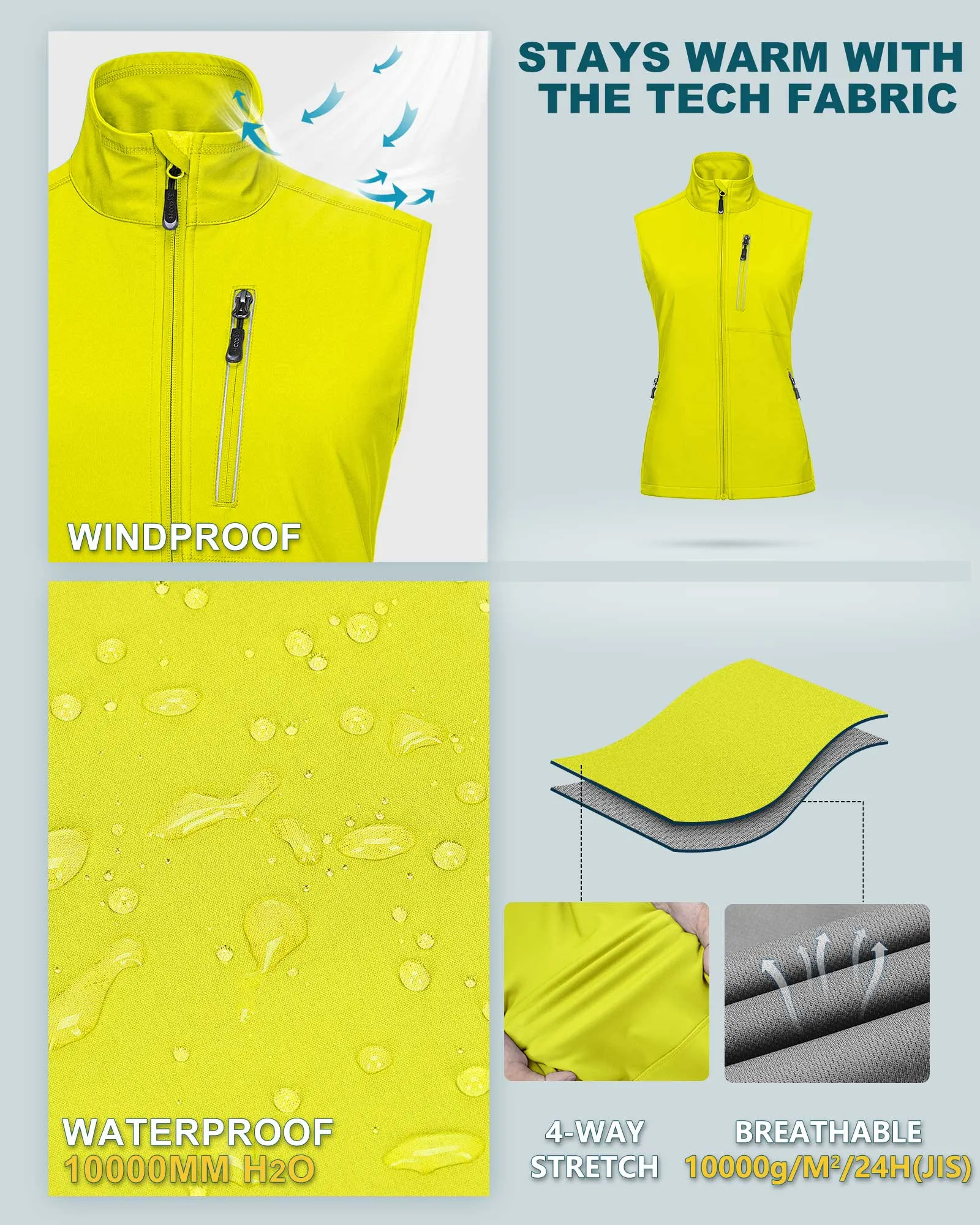 Women's Windproof Vest Outerwear with 6 Pockets and Reoflective Design: 0.77lbs 10000mm W/P index 10000 Level Breathable