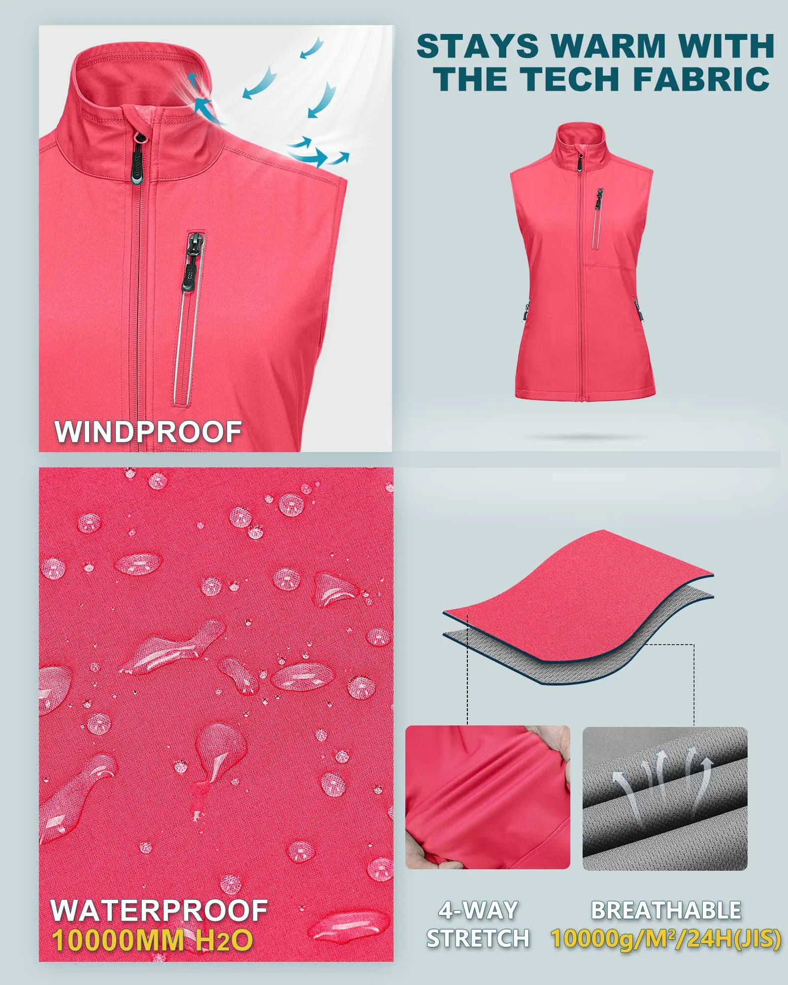 Women's Windproof Vest Outerwear with 6 Pockets and Reoflective Design: 0.77lbs 10000mm W/P index 10000 Level Breathable