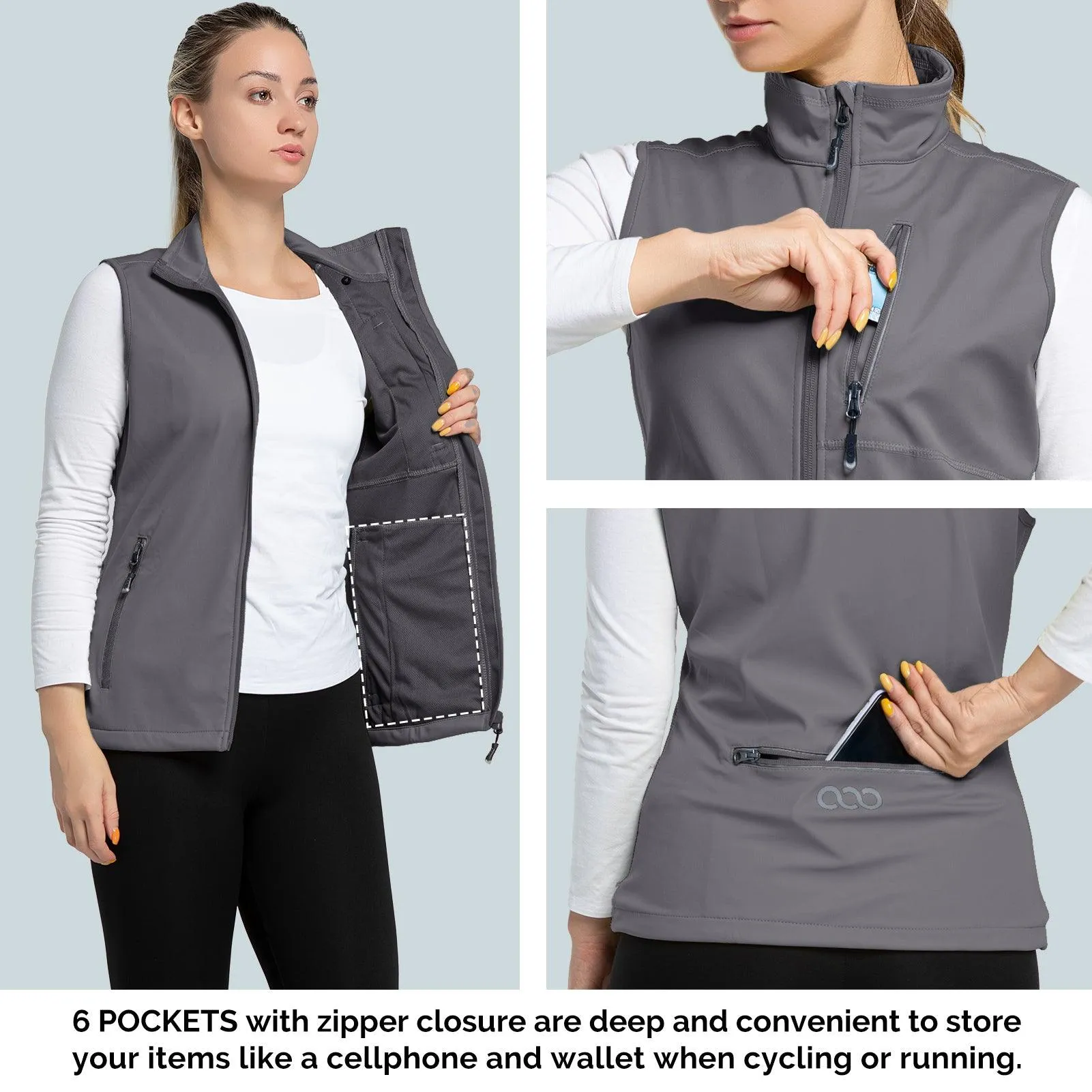 Women's Windproof Vest Outerwear with 6 Pockets and Reoflective Design: 0.77lbs 10000mm W/P index 10000 Level Breathable